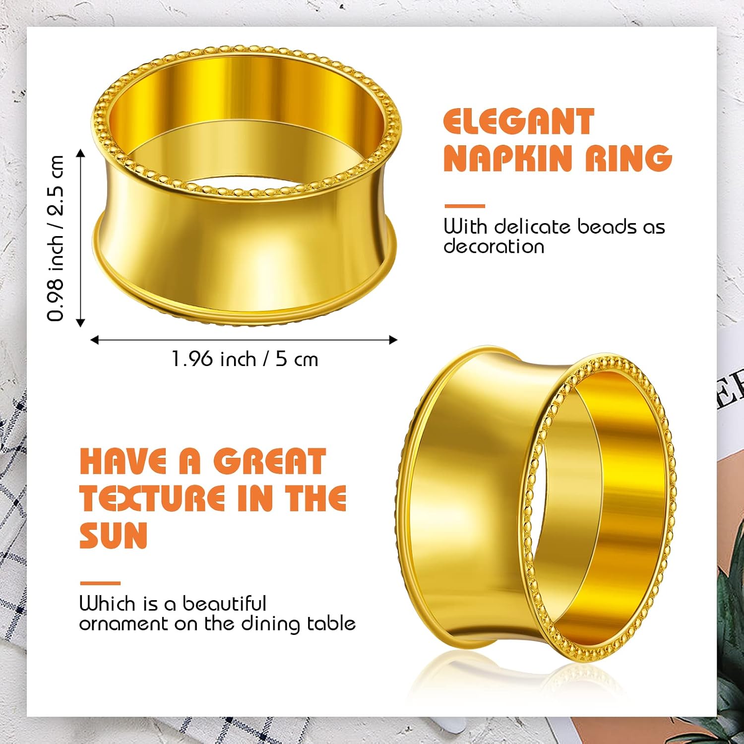 Hotop 48 Pcs Gold Metal Napkin Rings Metal Beaded Edge Napkin Holder Rings | Beaded Holders for Holiday Receptions
