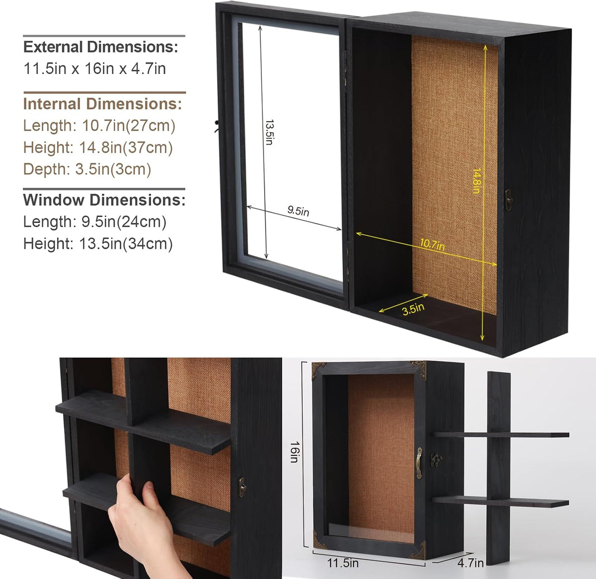 Shadow Box Frame 12x16, 4.7-inch Depth, Black Solid Wood Shadow Box Display Case with Removable 6-Grid Shelves, Vintage