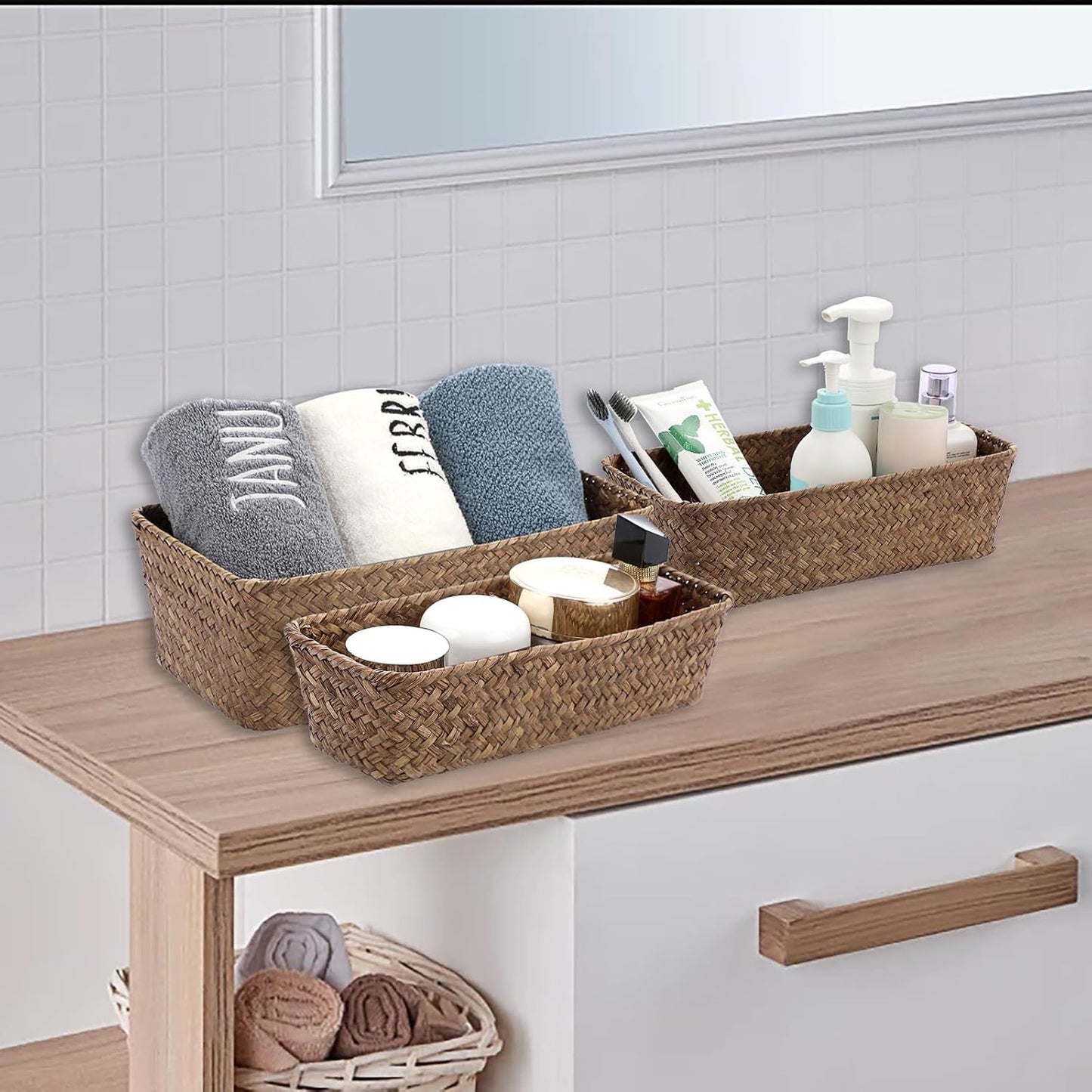 3 Wicker Basket Set Rectangular Handwoven Seagrass Basket Storage Bins / Coffee / Natural / Set of 3