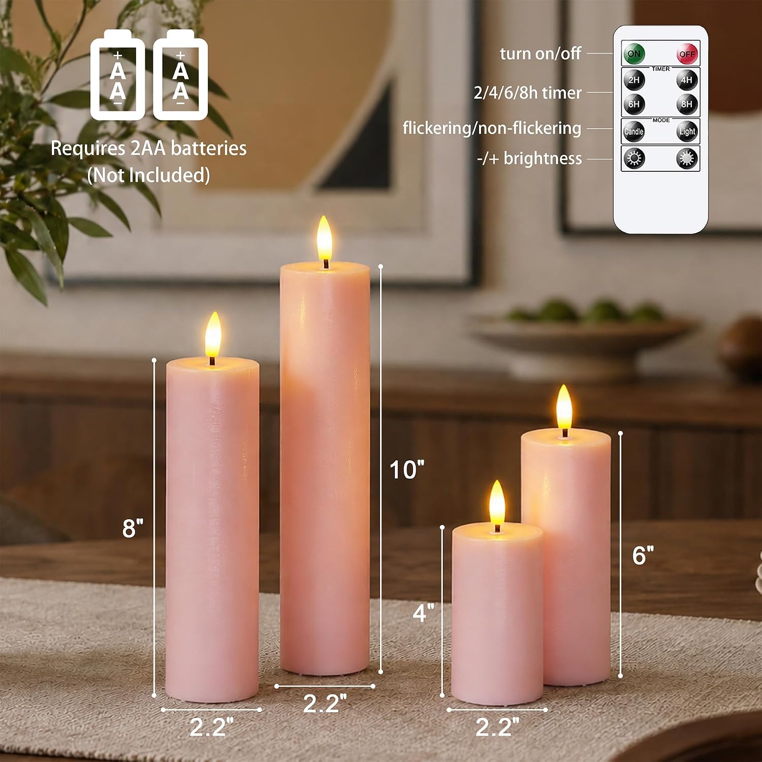Flickering Flameless Pillar Candles with Remote Control and Cycle Timer,Pink Pack of 4 Battery Operated(Powered by 2AA)