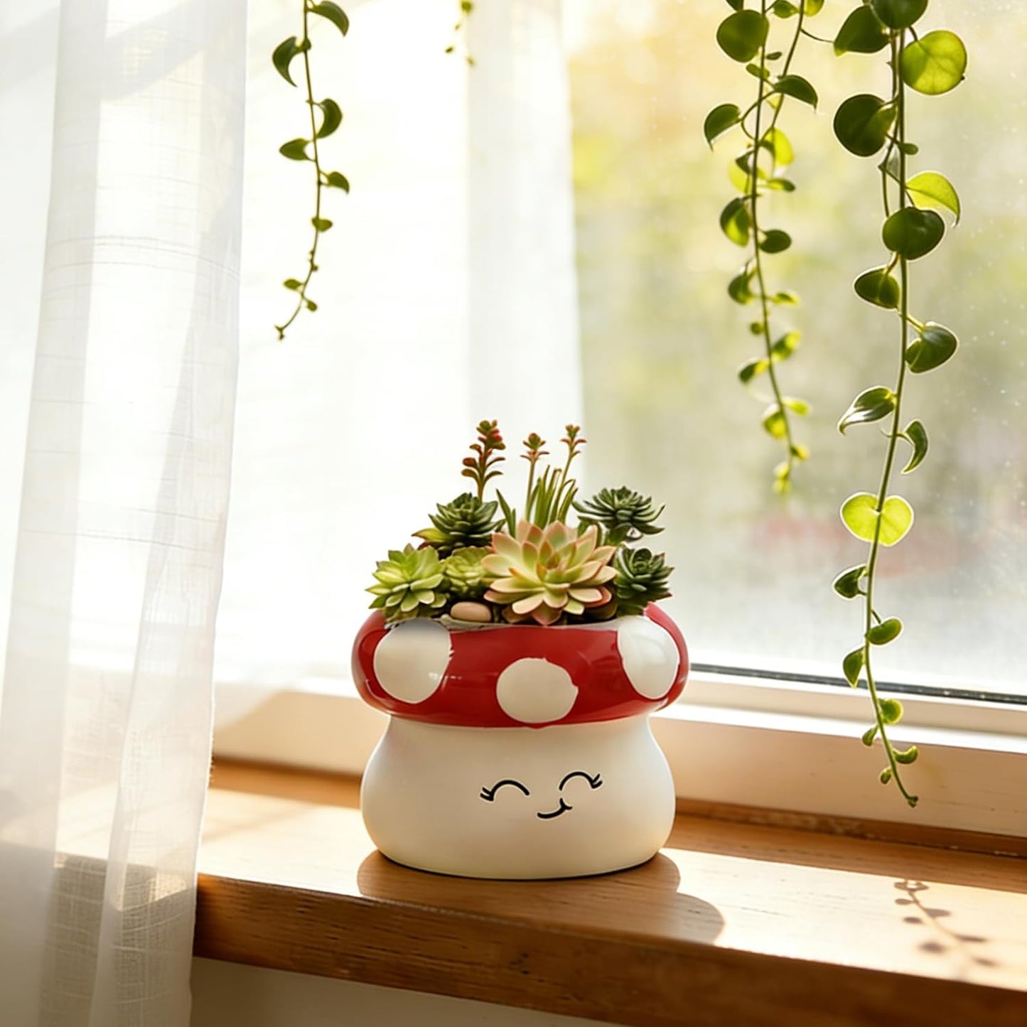 Red Ceramic Mushroom Planter Pot / White