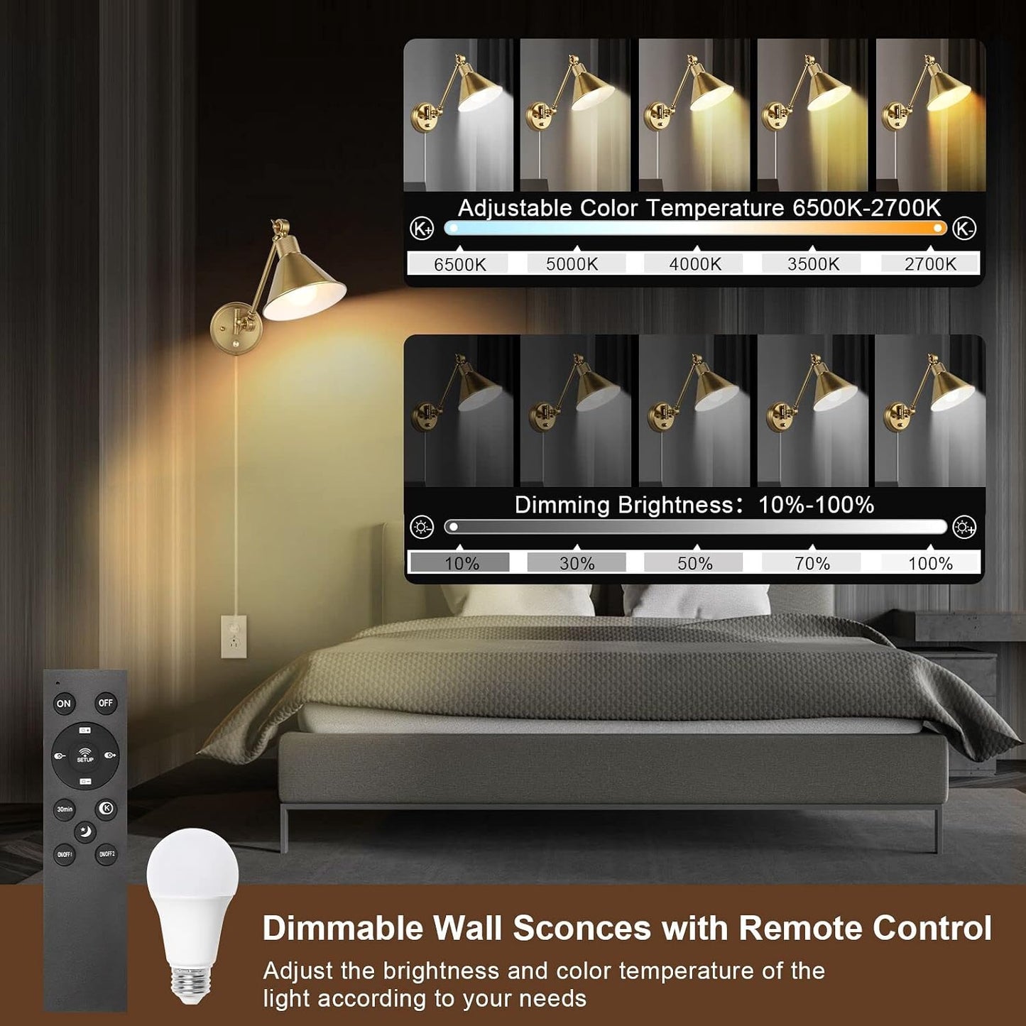 TRLIFE Dimmable Wall Sconce with Remote Control, Brushed Brass Plug in Wall Sconces Adjustable Color Temperature