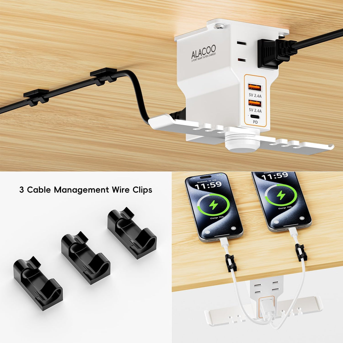 Multi-Function Desk Headphone Hanger Hook Gaming Office | 2 USB, 1 Type-C, 2 AC Outlets Desk Hook Holds Headsets &
