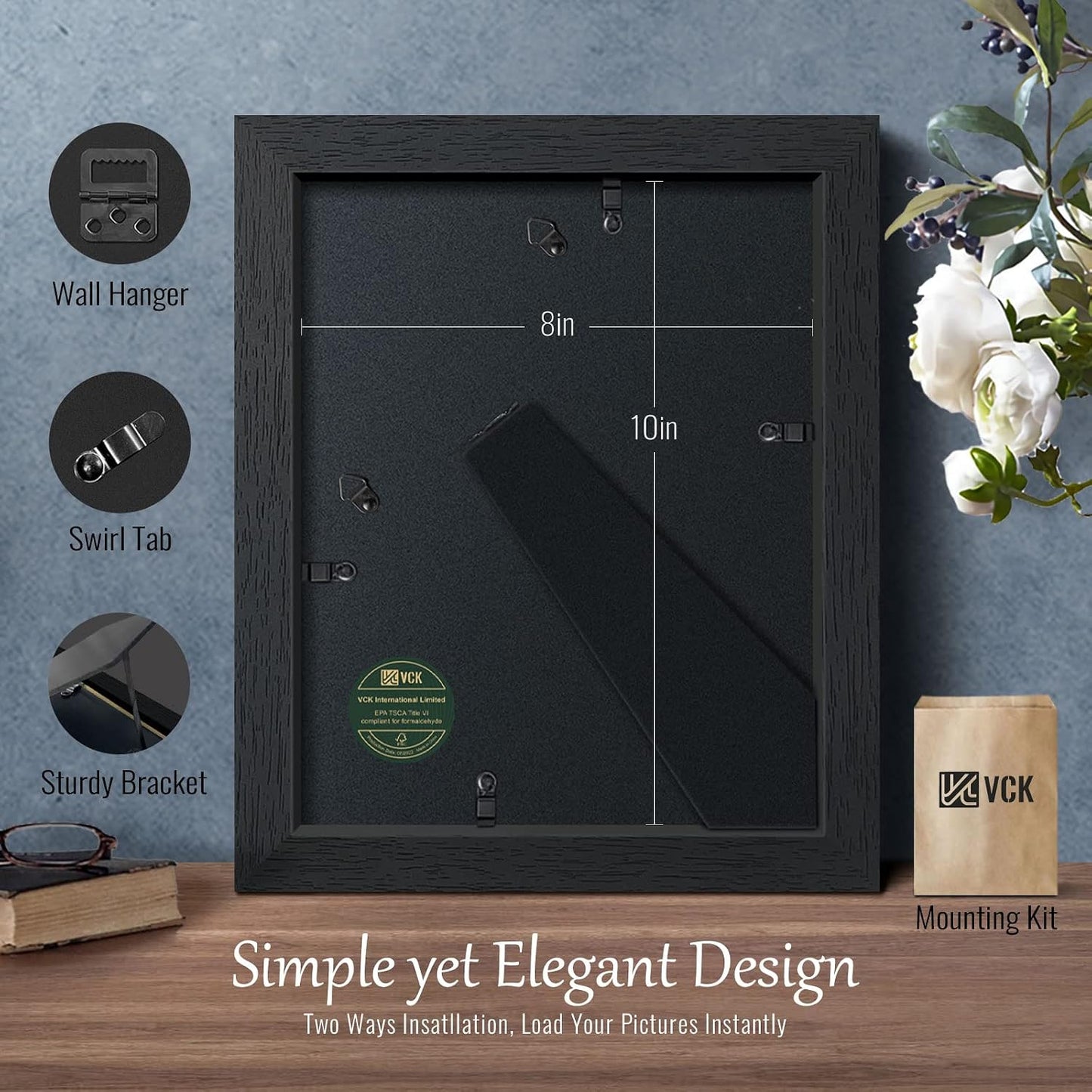 VCK 8x10 Picture Frame Set of 4, Black Wooden Photo Frames with Plexiglass, Vertical Horizontal Wall & Tabletop Display
