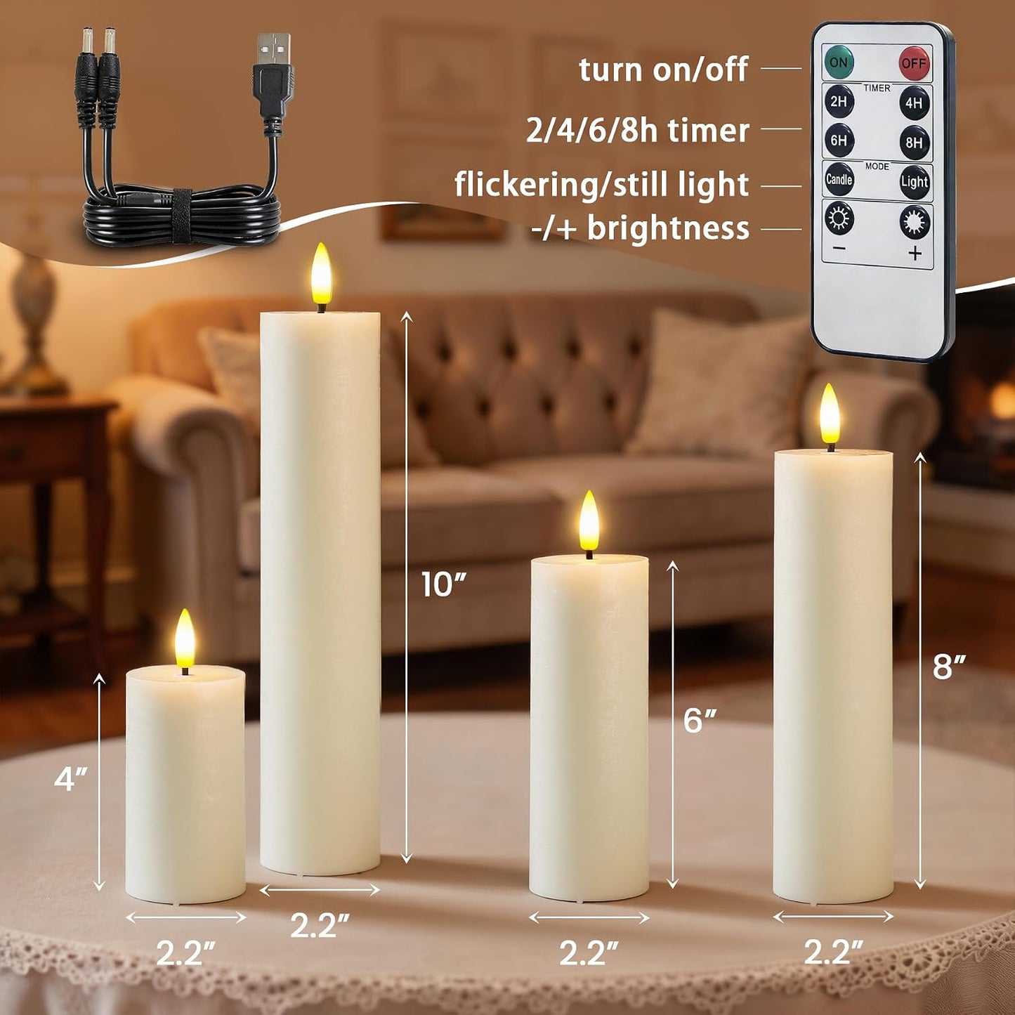 Rechargeable Flameless Flickering Tall Wax Remote 2.2" x4" 6" 8" 10" Ivory Candles, Timer Set of 4 LED Battery Operated