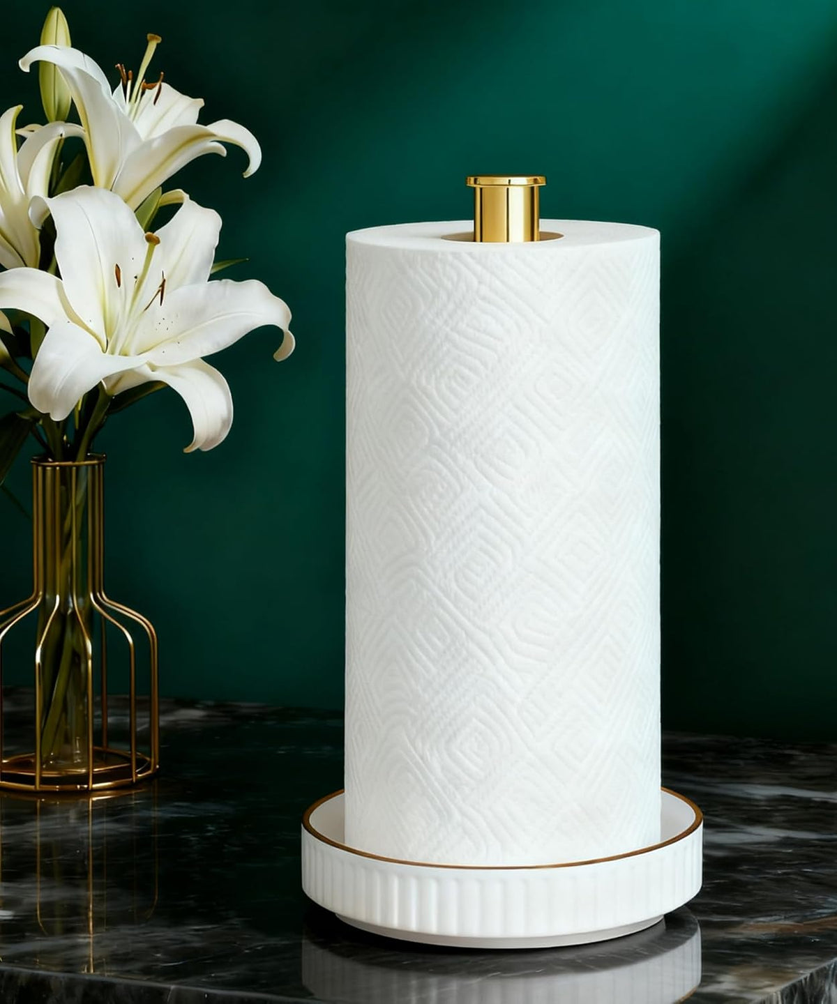 Paper Towel Holder, Ceramic Heavy Plate Base Wobble-Free, Roll Stand-Gold | Effortless Cleaning and Easy to Assemble