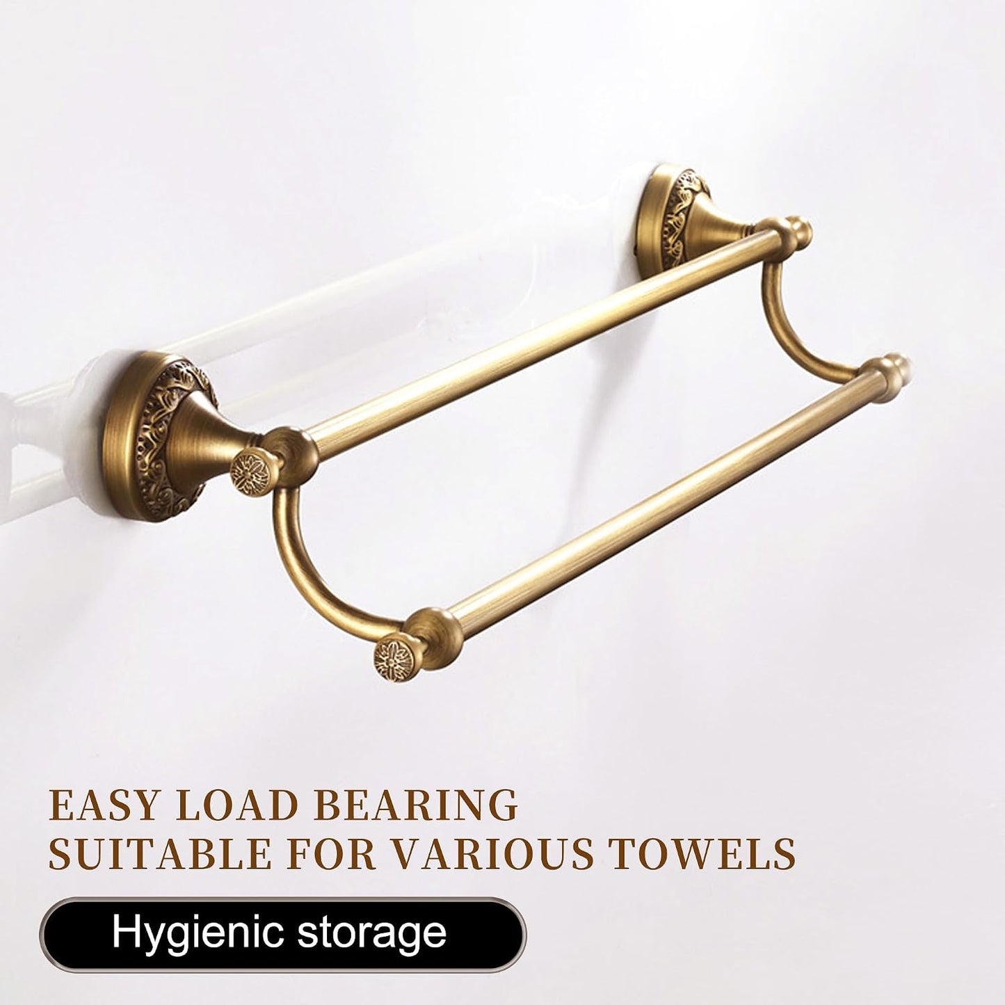 Wall Mounted Bathroom Double Towel Rack, Towel Bar Adjustable 15.5 to 27.5 Inch Antique Brass Pattern Carving,Brushed
