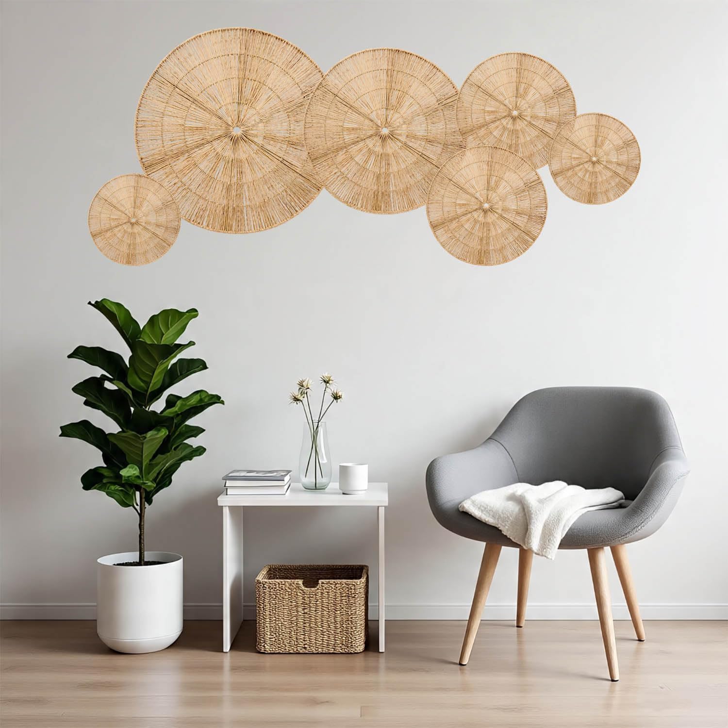 Boho Wicker Rattan Plate Basket Set For Décor Hanging Wall / Classic / Natural / Set of 6