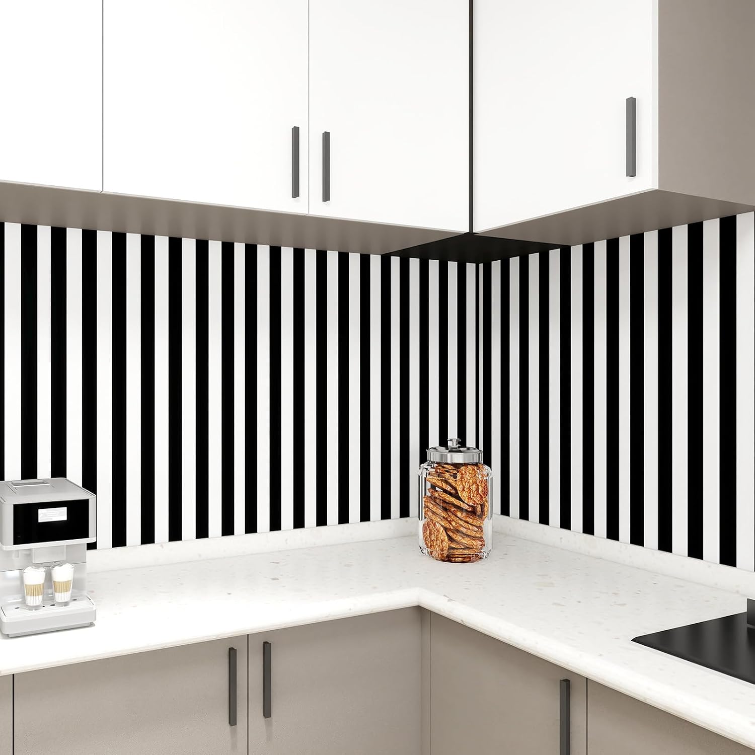 White Striped Wallpaper " Removable Striped Peel and Stick Wallpaper Waterproof / Black / 17.3 x 120