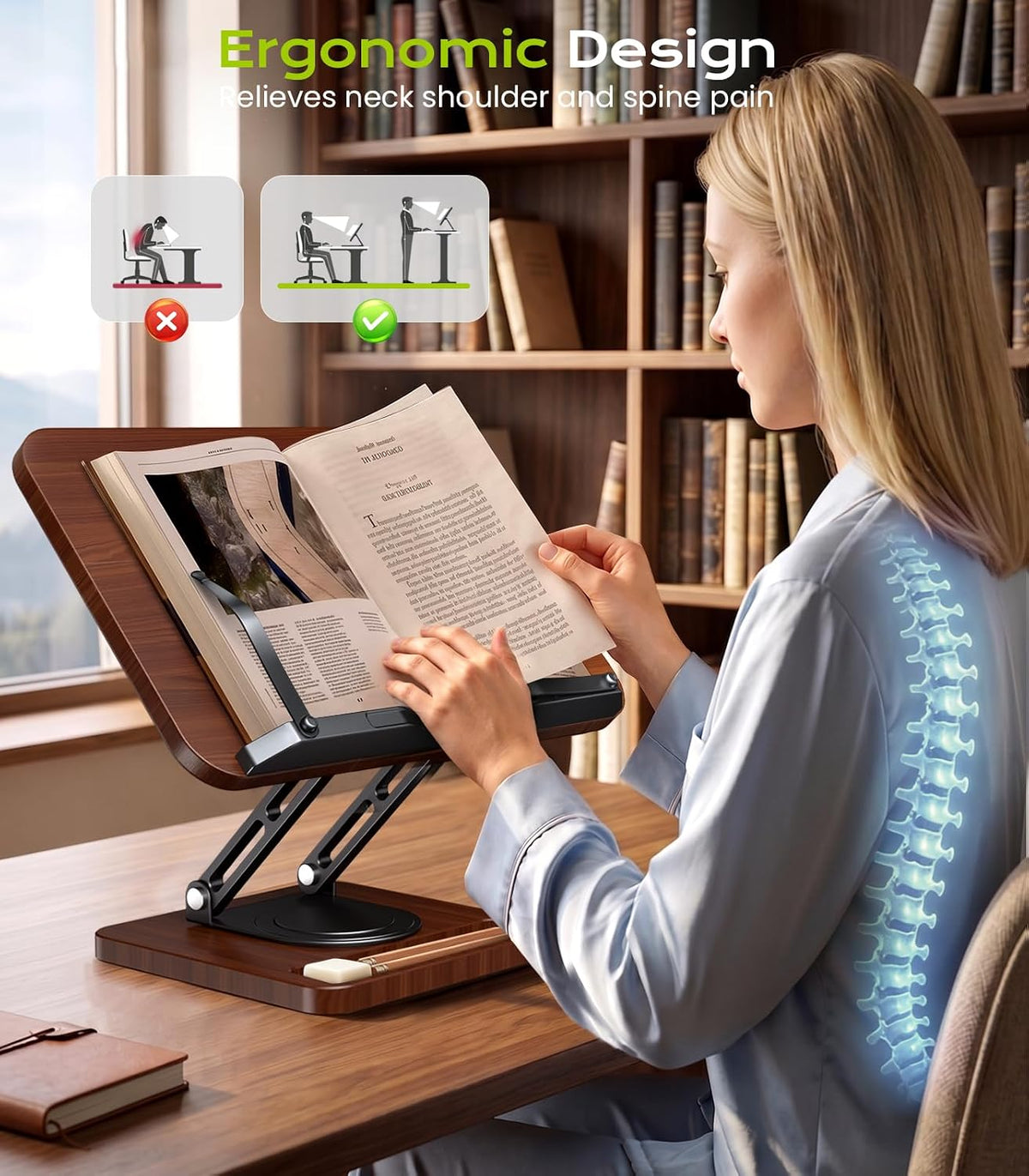 LOXP Book Stand with Storage, 360° Rotating Cookbook Stand, Ergonomic | Adjustable height angle,Hands-free, anti-slip
