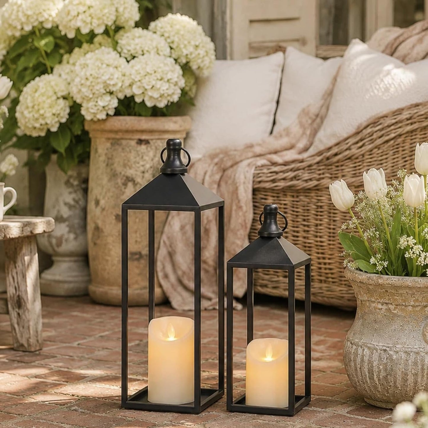 Lanterns Decorative Outdoor Indoor, 17" 13" Set of 2 Black Candle Lanterns | No Glass Metal Outdoor Lantern for Porch