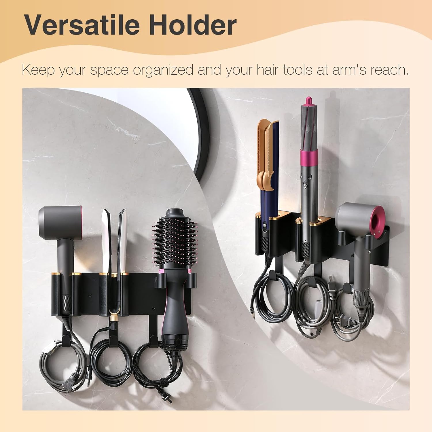 Wall Mount Hair Tool Organizer, Black with Gold Accents | Aluminum Alloy & ABS, 3-Compartment Holder for Hair Dryer