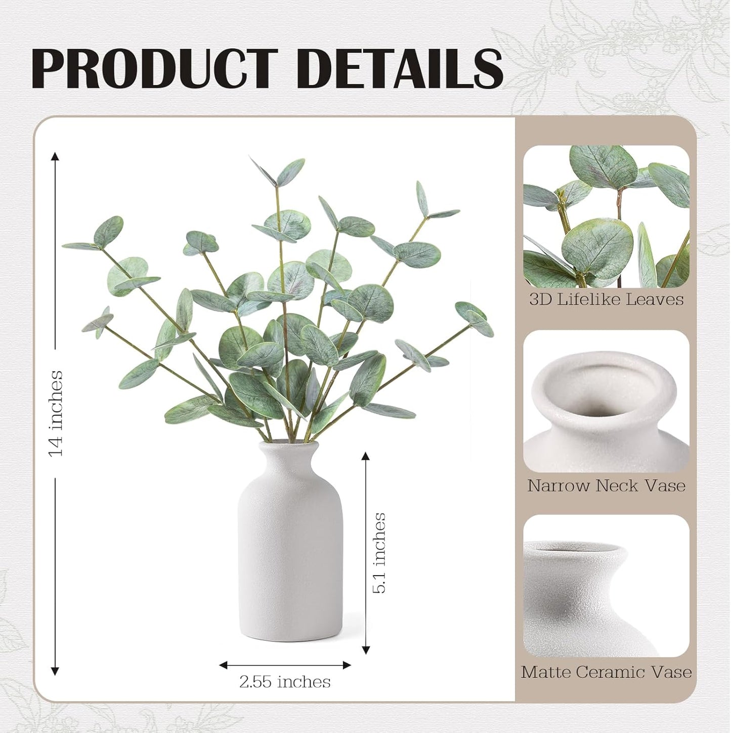Artificial Eucalyptus Stems in Ceramic Vase / Green Eucalyptus - White Round Ceramic Vase