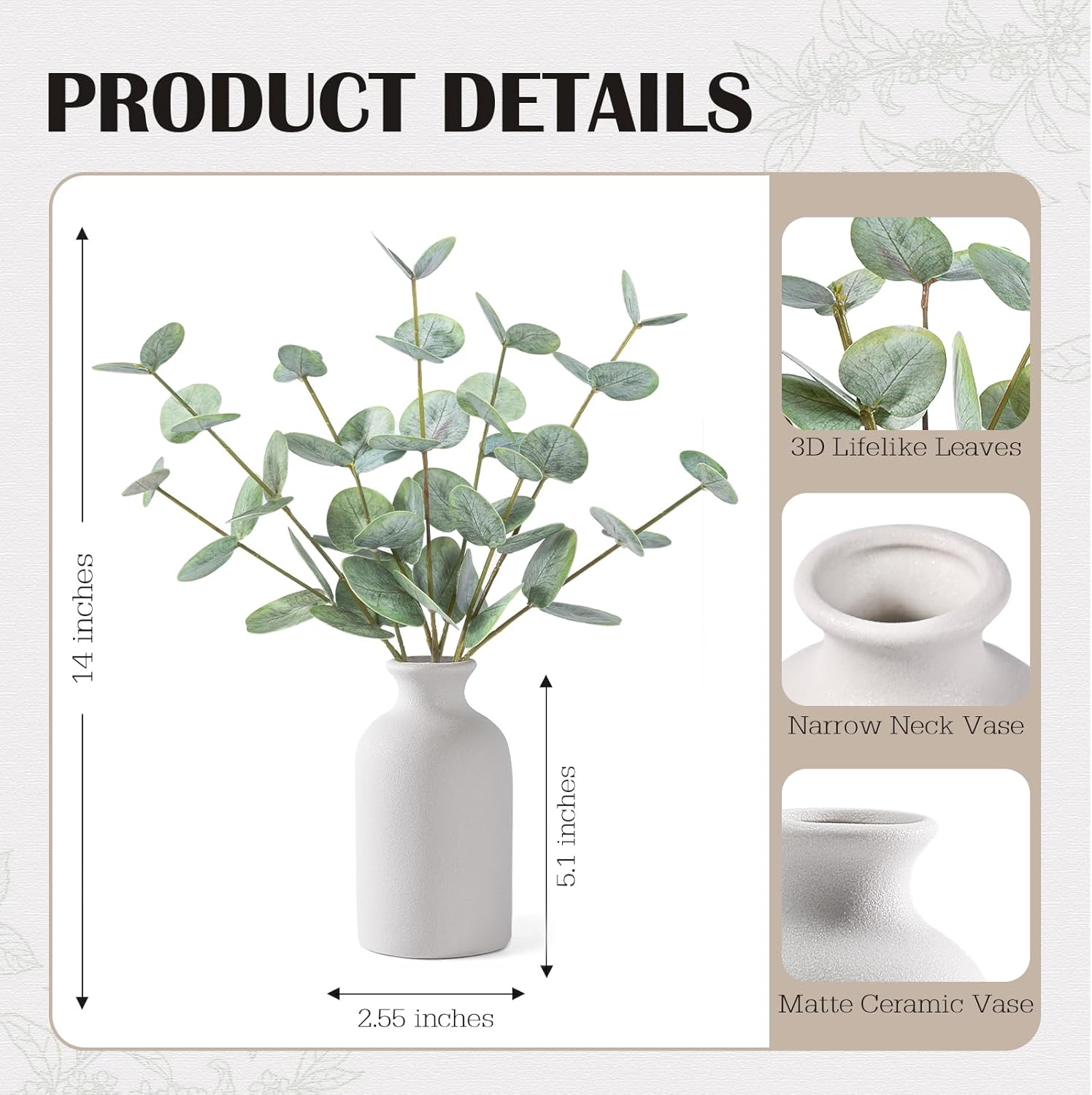 Artificial Eucalyptus Stems in Ceramic Vase / Green Eucalyptus - White Round Ceramic Vase