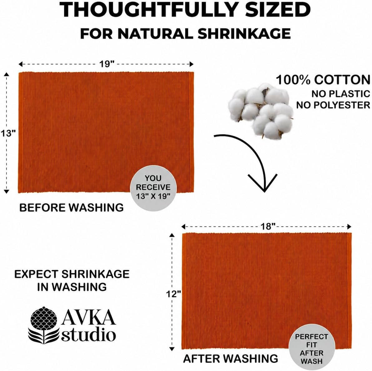 100% Cotton Ribbed Placemats - Set of 8-13 x 19 Inches - Rust/Burnt Orange - Everyday/Thanksgiving/Fall - Thick