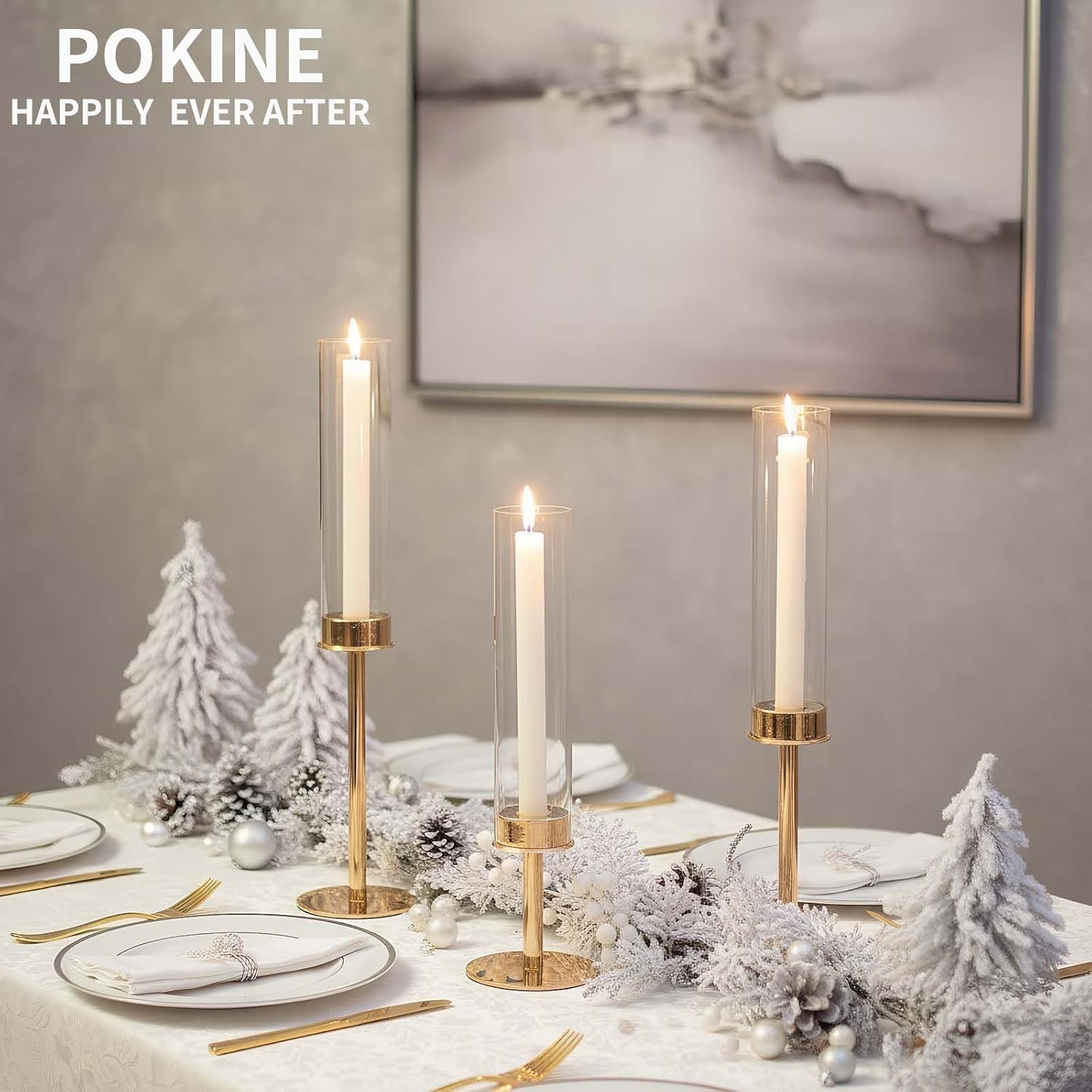 POKINE Gold Candle Holders Set of 6 for Taper Candle Holders | Hurricane Glass Candlestick Holder,Christmas