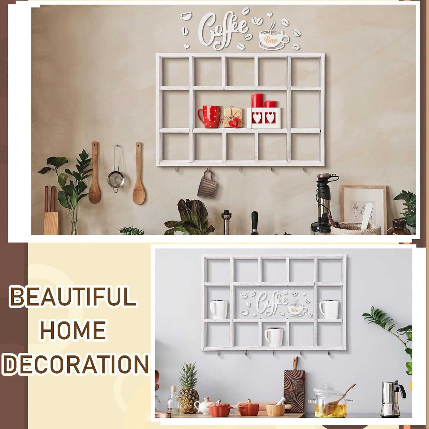 Cinnvoice Oversize Coffee Mug Display Shelf for Wall, Old White | Wood Coffee Mug Rack, Wall Mounted Shelf, Cubes Cup