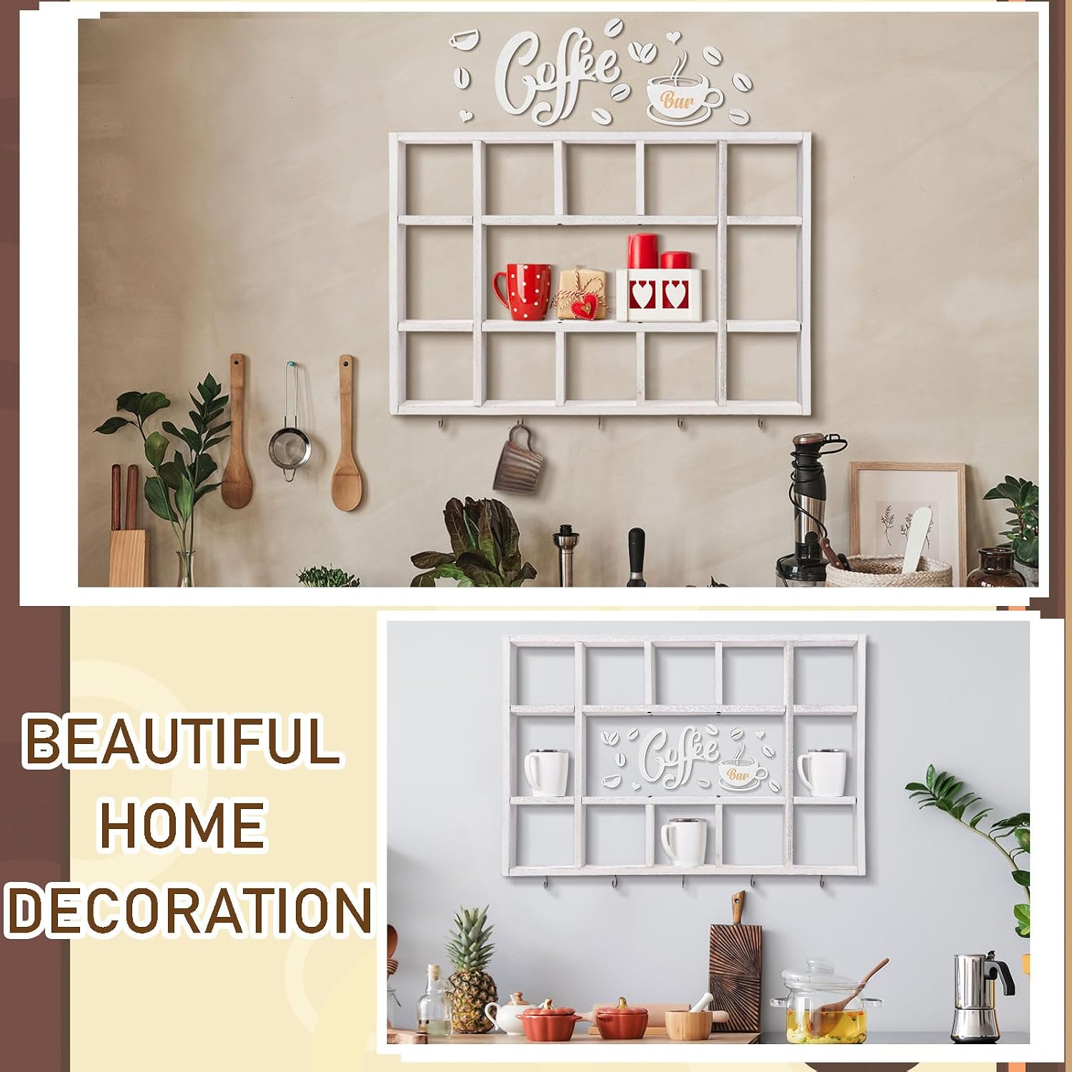 Cinnvoice Oversize Coffee Mug Display Shelf for Wall, Old White | Wood Coffee Mug Rack, Wall Mounted Shelf, Cubes Cup