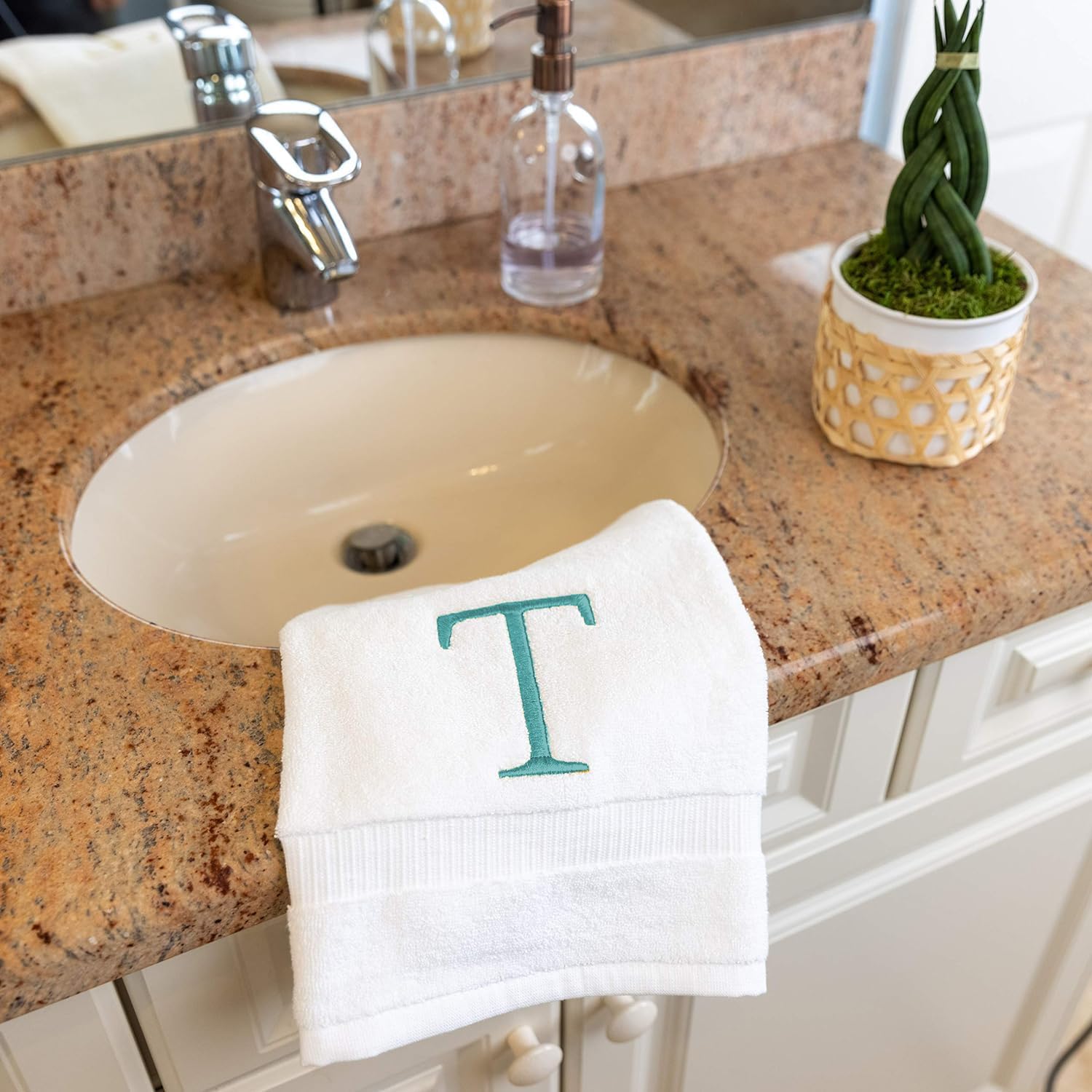 White with Teal Monogrammed Hand Towels for Bathroom - Set of 2 Letter T | Luxury Hotel Quality Initial Towels For