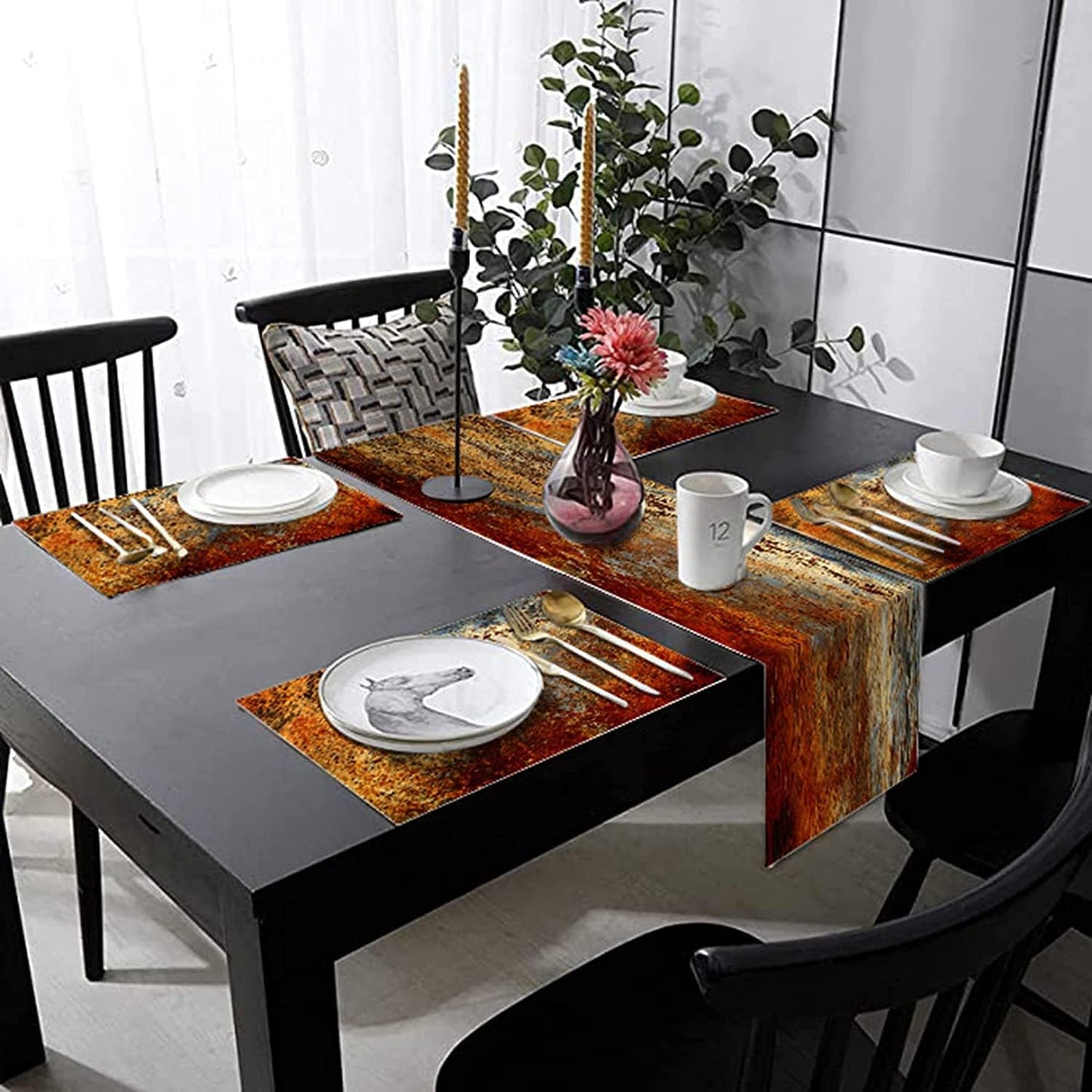 Brown Rust Table Runner and Placemats Set of 6, Linen 90" Long | Abstract colorful rusty metal style. Washable linen