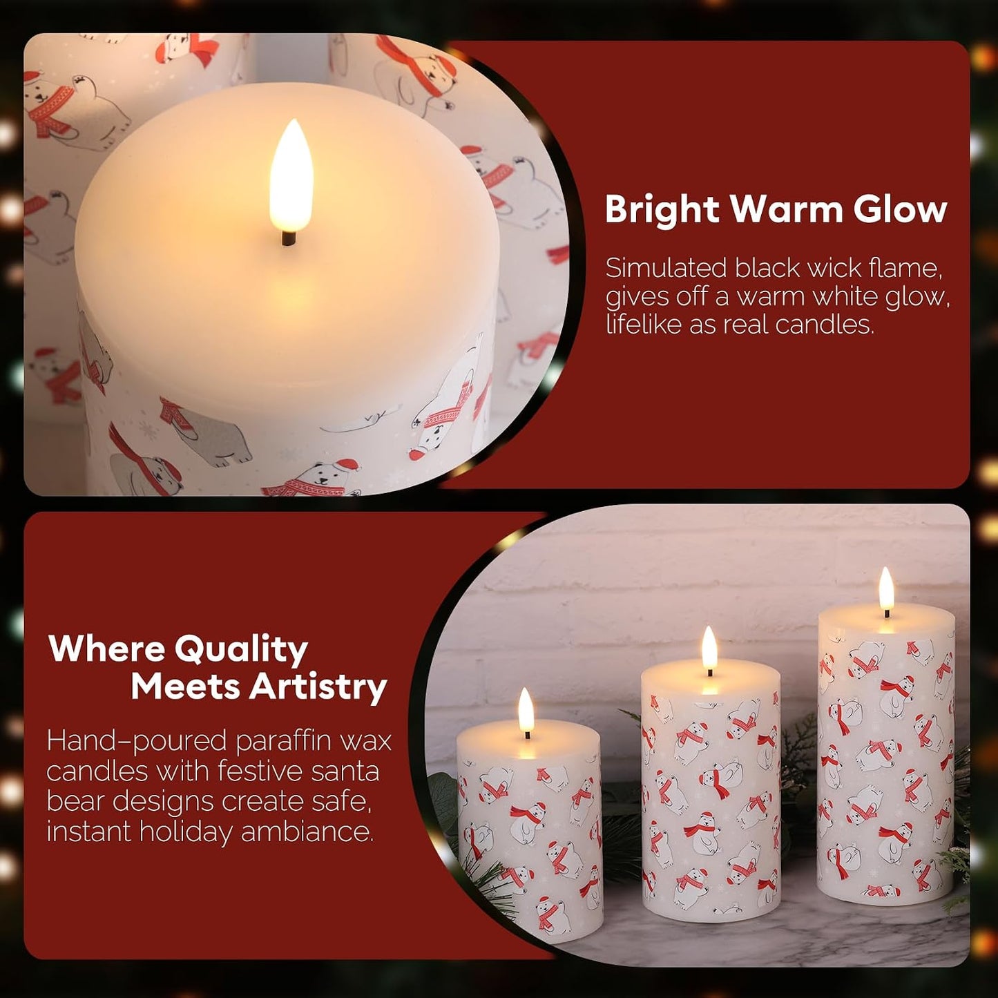 Bear Winter Christmas LED Pillar Candles with Remote Set of 3 | Flickering Flameless Wax Candles, Flat Top, 2 AA
