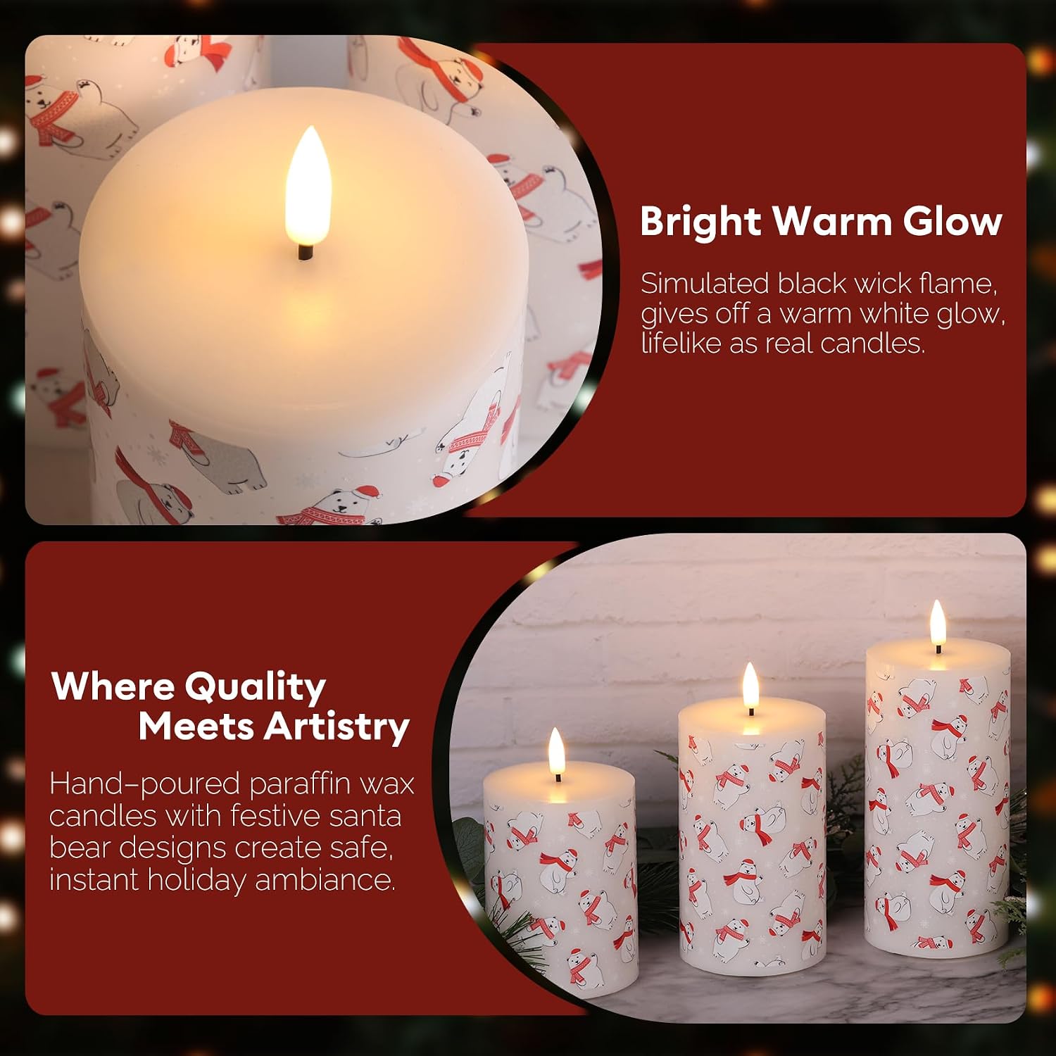 Bear Winter Christmas LED Pillar Candles with Remote Set of 3 | Flickering Flameless Wax Candles, Flat Top, 2 AA