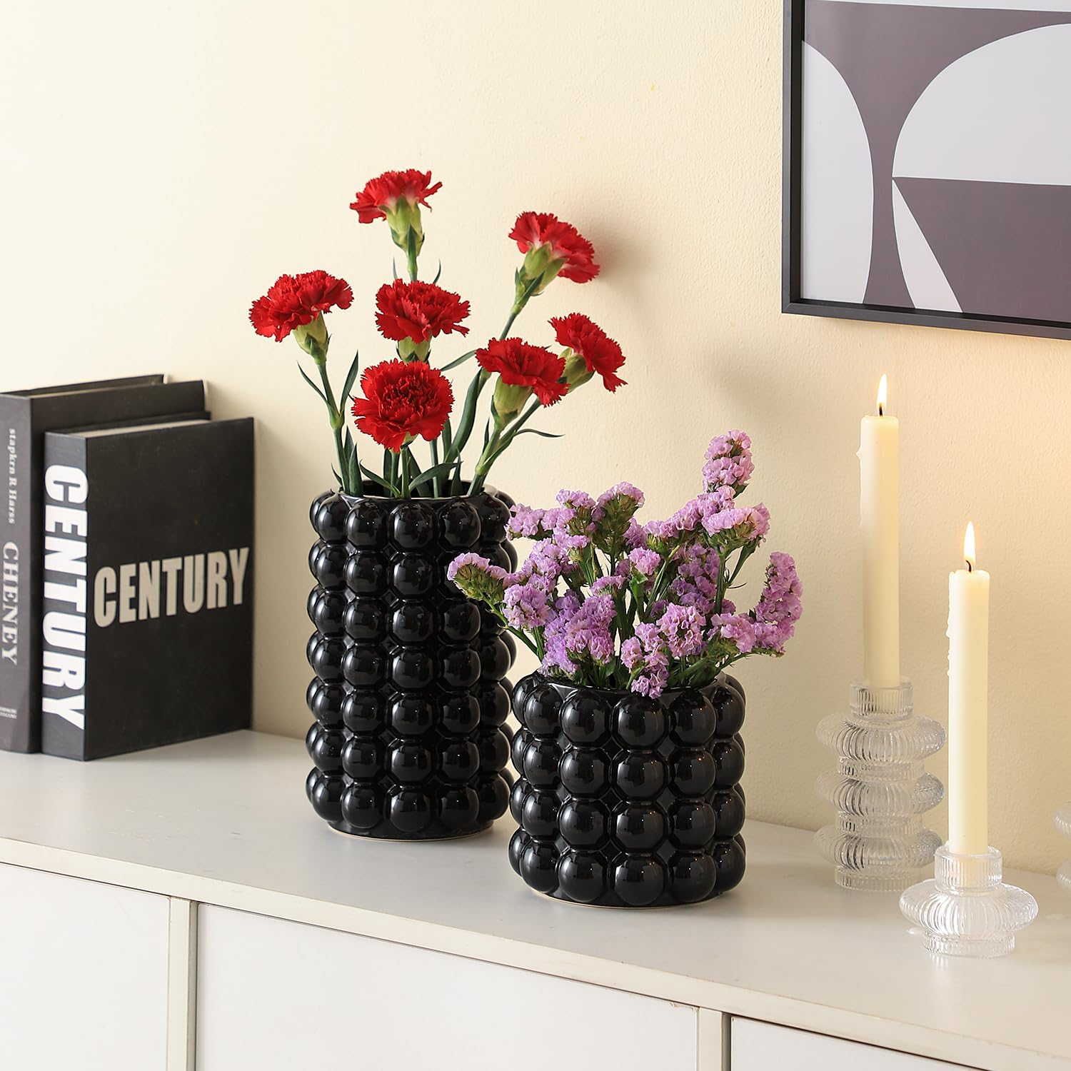 Ceramic Vases / Boho Flower Vase for Pampas Grass / Black / Large+medium / Set of 2