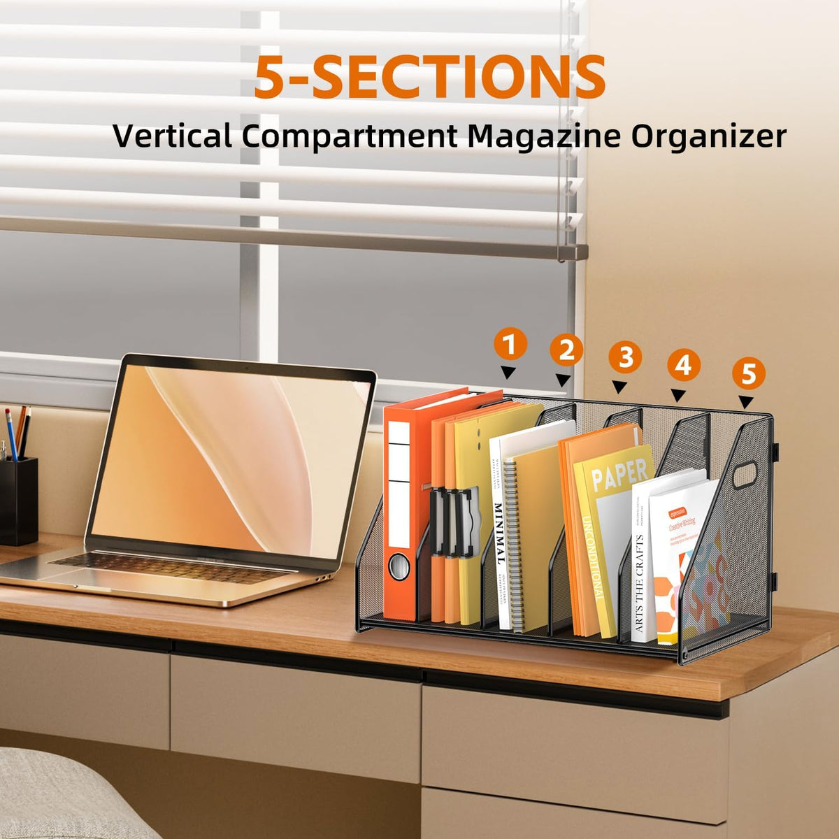 Binder Organizer, Magazine File Holder with 5 Vertical Rack, Black | Metal Desk File Organizer & Binder Holders
