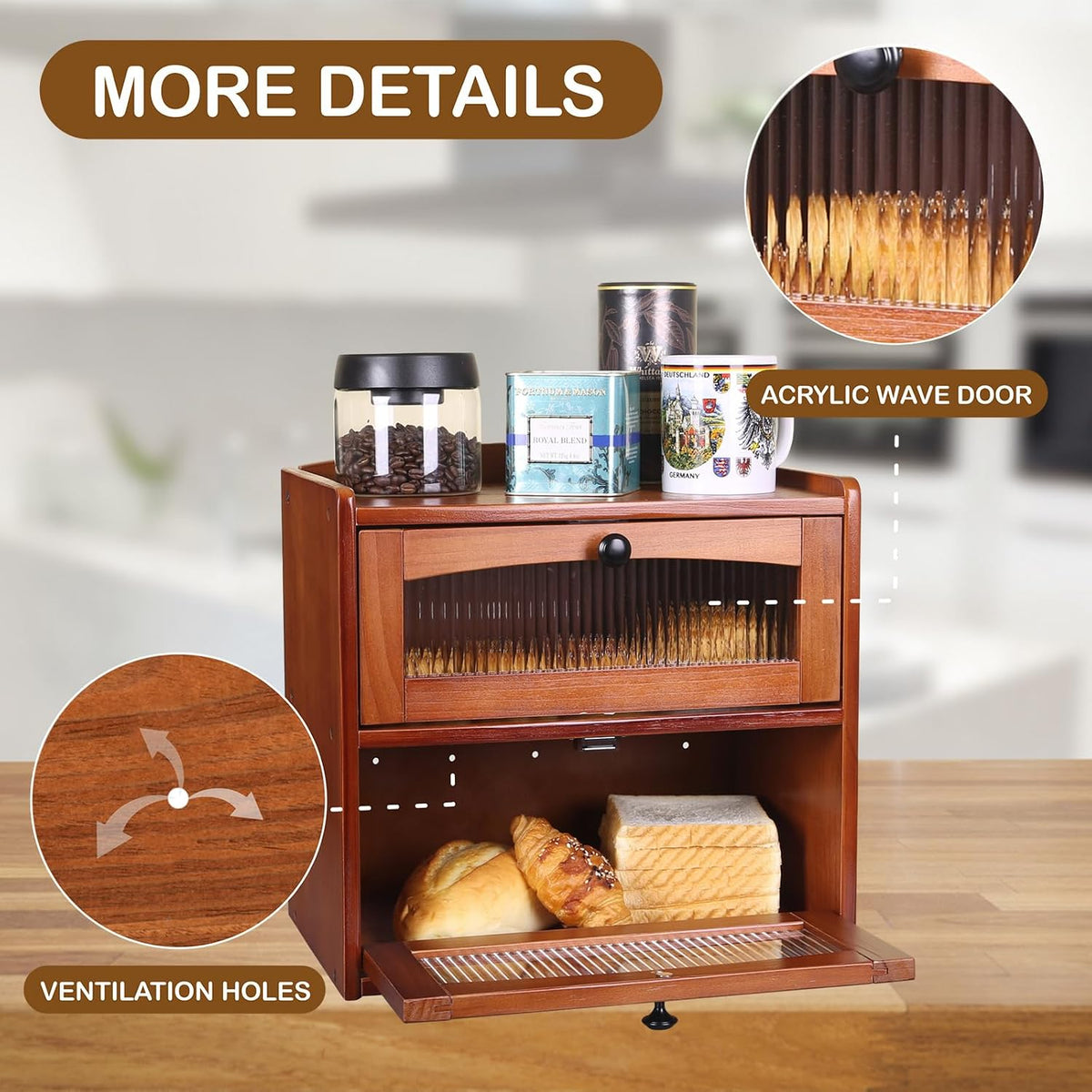 Large Wooden Bread Box for Kitchen Countertop, 2-Tier, Teak | Clear Acrylic Window Spacious Bread Storage Farmhouse