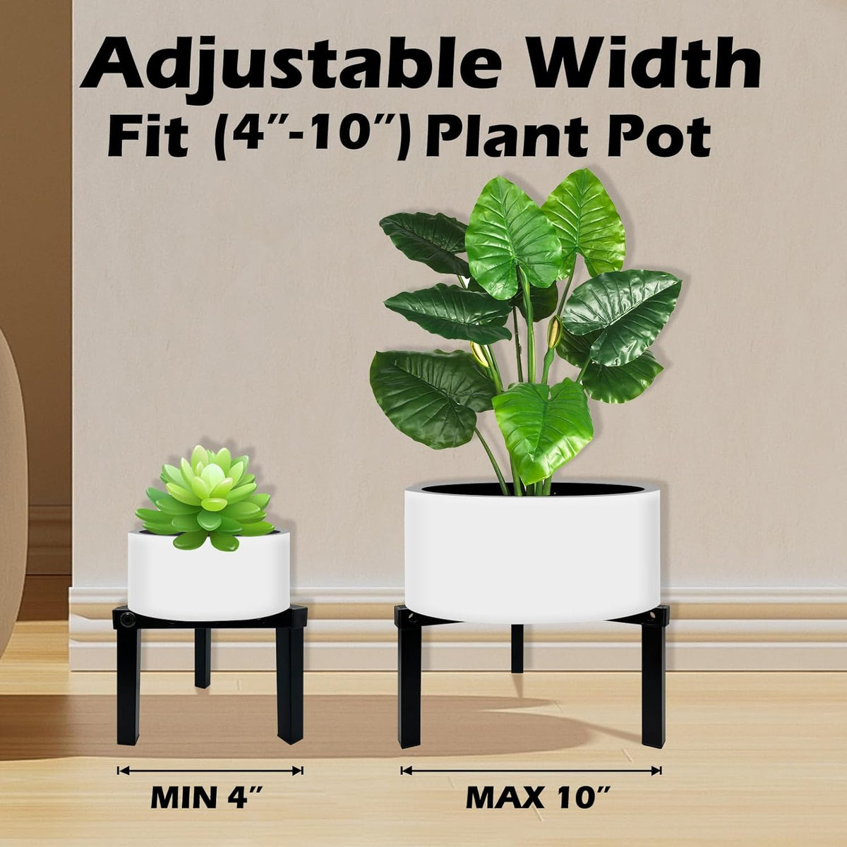 4 Pcs Three Legs Adjustable Metal Plant Stand for 5"-10" Plant Pot – Indoor & Outdoor (Black, 4 Pack)