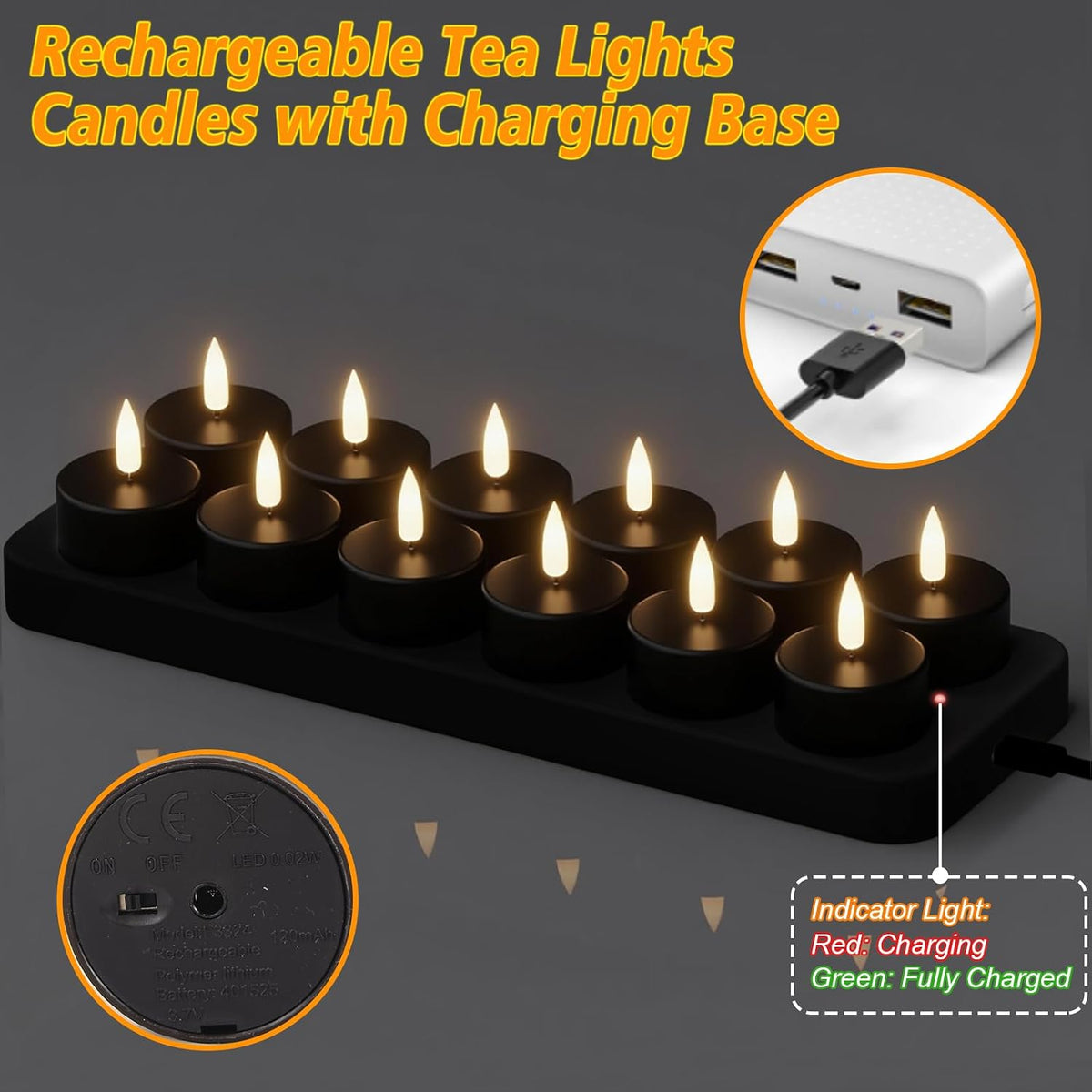 GenSwin Rechargeable Tea Lights Candles Remote Timer Charging Base Black | Flameless LED Tealight Candles Battery