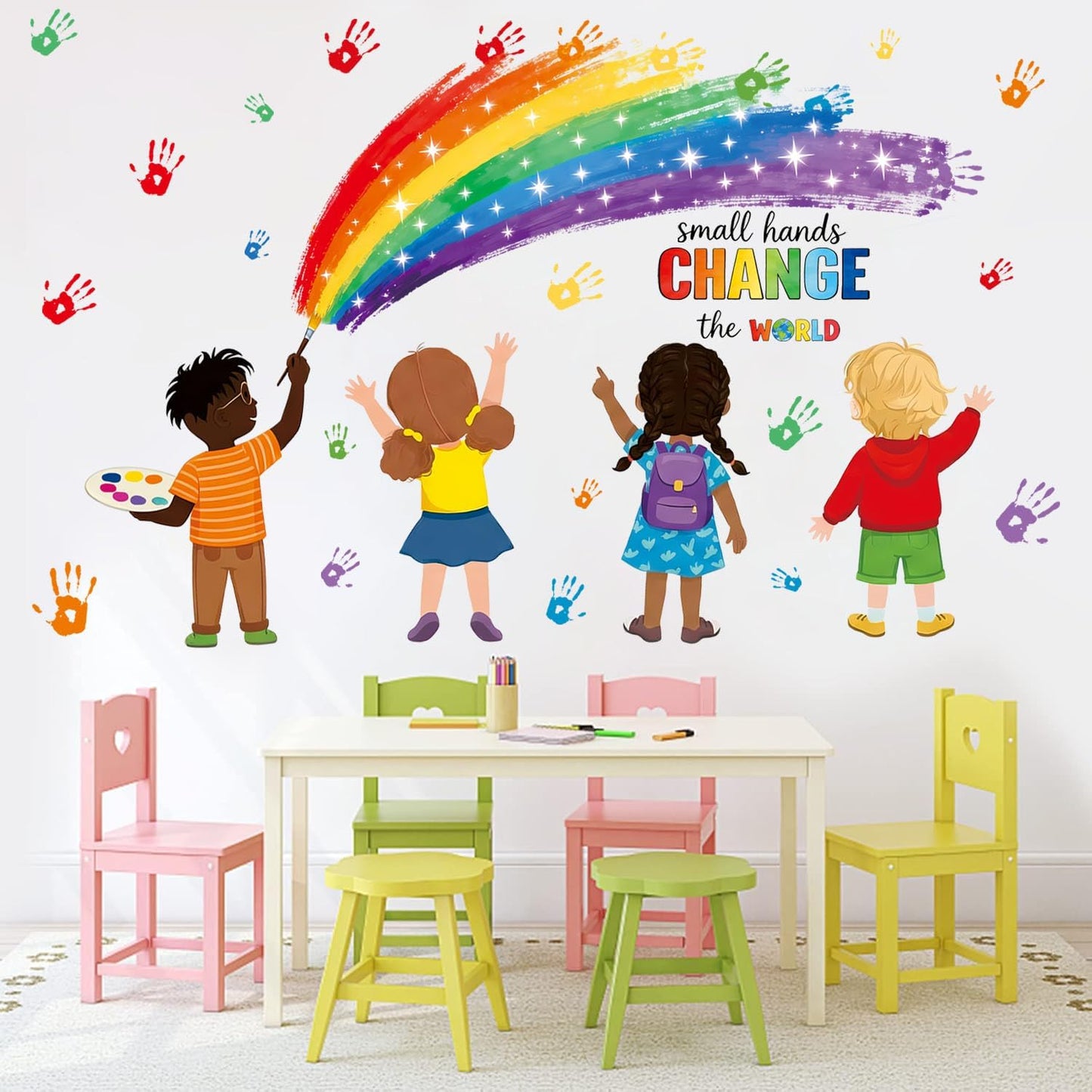 Rainbow Hand Print Wall Sticker Kids Inspirational Quotes Small Hands Change the World Peel
