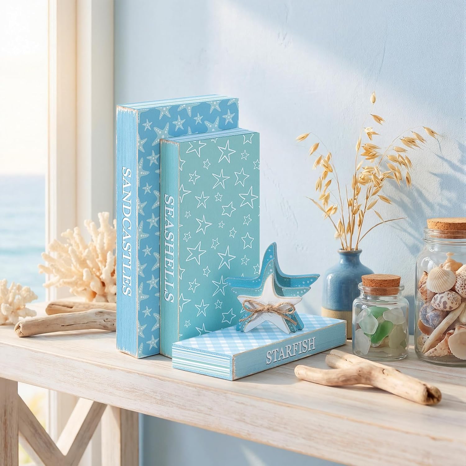Wooden Coastal Decorative Books / Summer Starfish / Set of 4