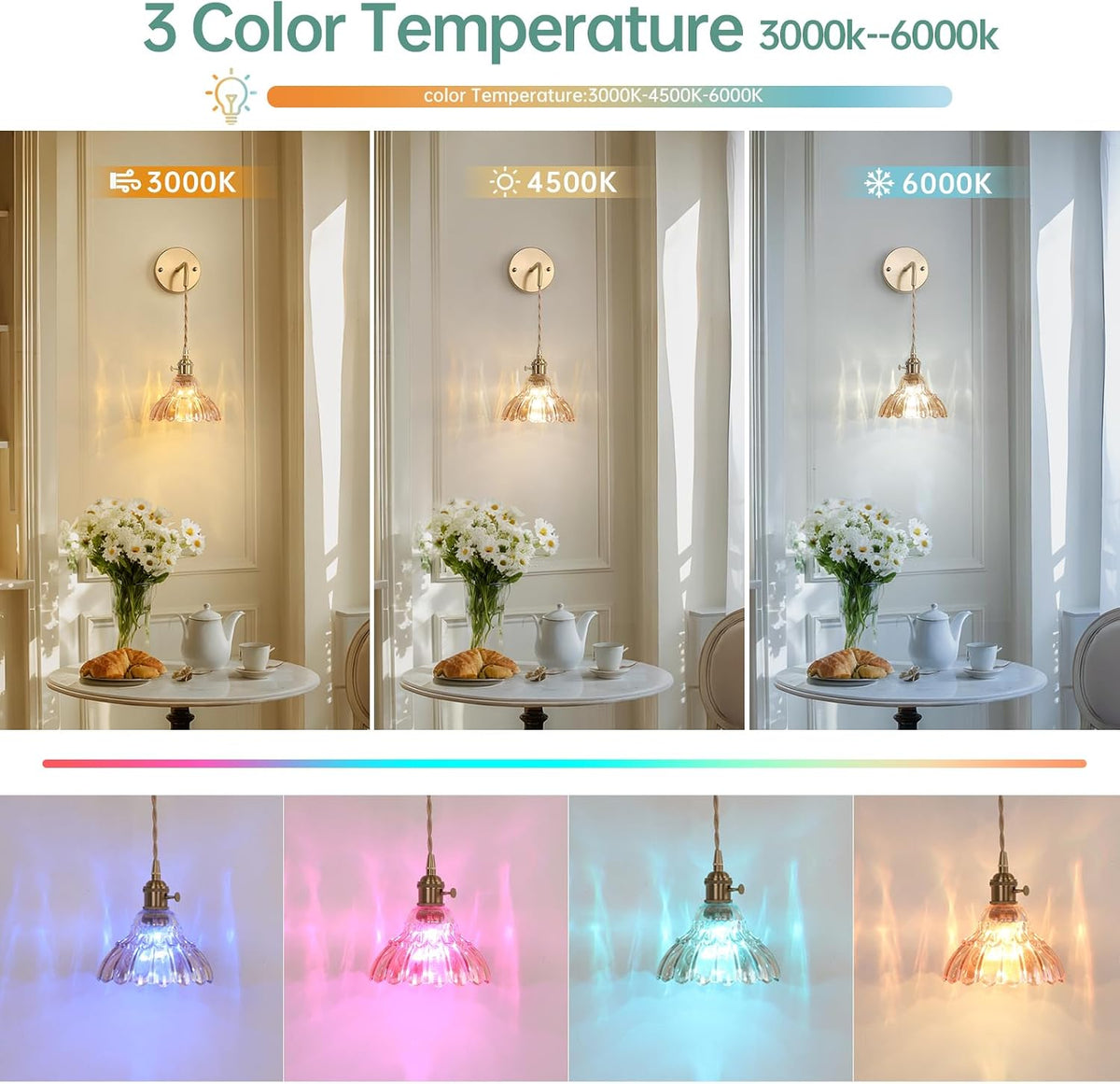 Shenmoyl Vintage Battery Operated wall sconces Set of 2, Wall Lamps with Amber Lily of the Shade Pattern Glass