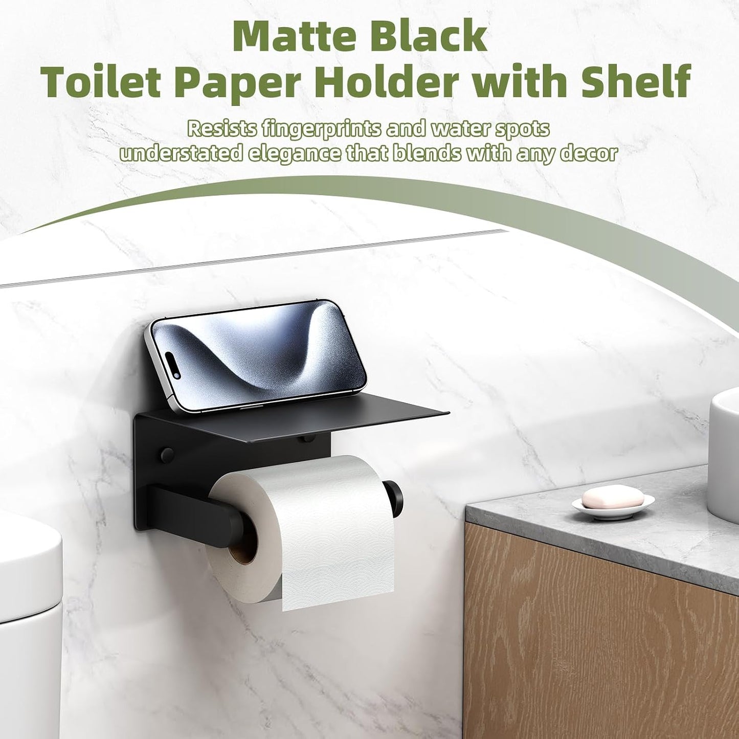 APLusee Toilet Paper Holder with Phone Shelf, Matte Black, Wall Mounted | 304 Stainless Steel, Rustproof Tissue Holder