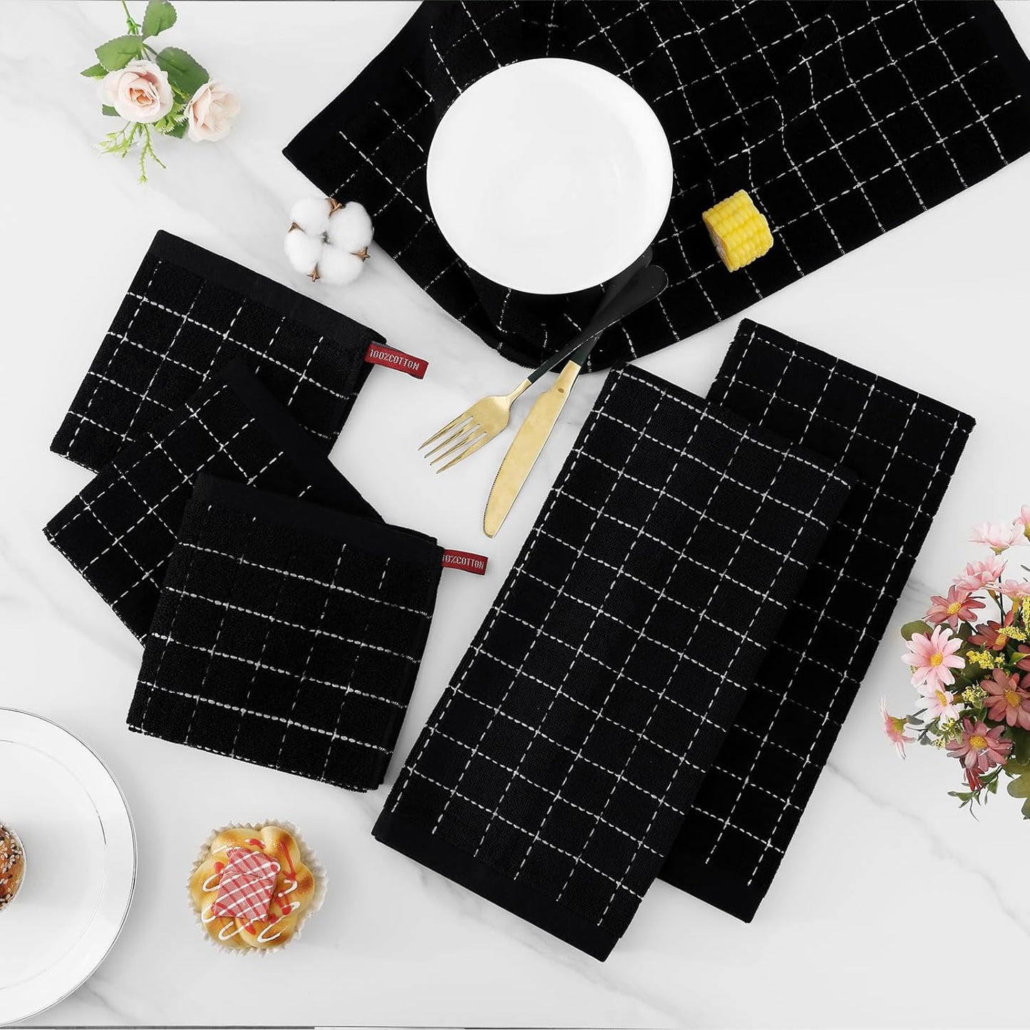 Homaxy Kitchen Towels and Dishcloths Set, Set of 12, Black | Bulk Cotton Terry Kitchen Towels, Checkered Designed, Soft