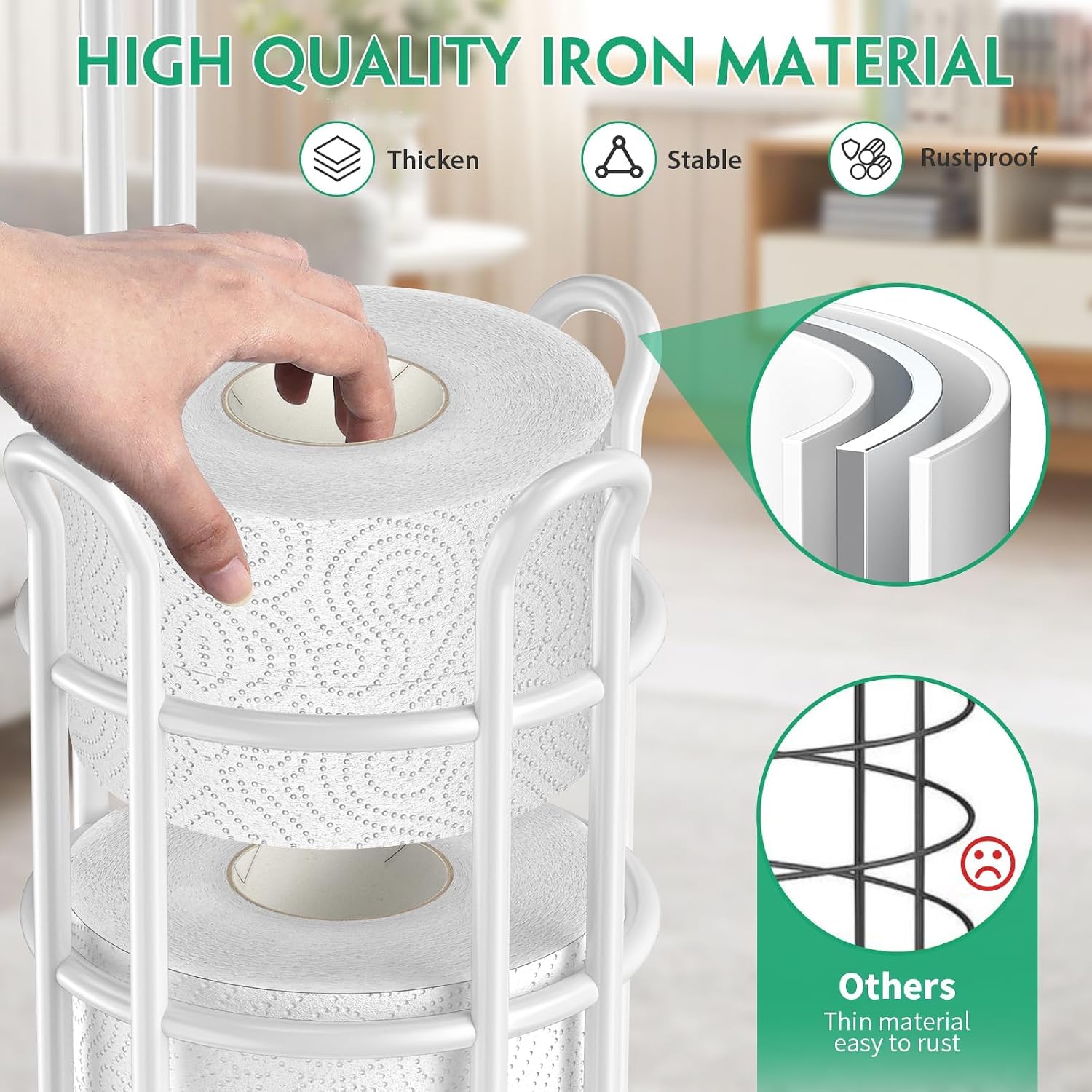 TomCare Toilet Paper Holder Free Standing with Shelf, Stable 4 Raised Feet | Stores 4 Mega Rolls, Tool-Free Assembly