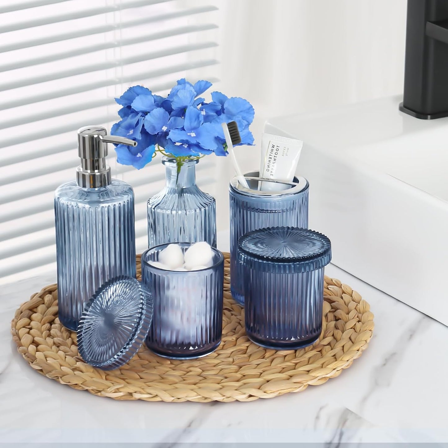 Blue Bathroom Accessories 5 Pcs, Glass Bathroom Accessory Set, Vintage Blue Bathroom Set, Royal Soap Dispenser and