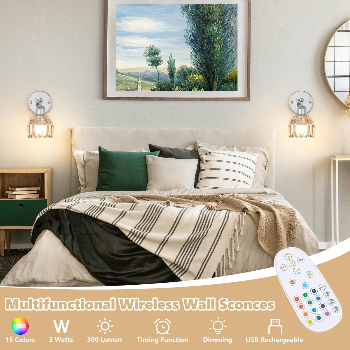 Vintage Battery Operated Wall Sconce, Amber Tulip Glass Lampshade Wireless Rechargeable Battery Powered LED Wall Light