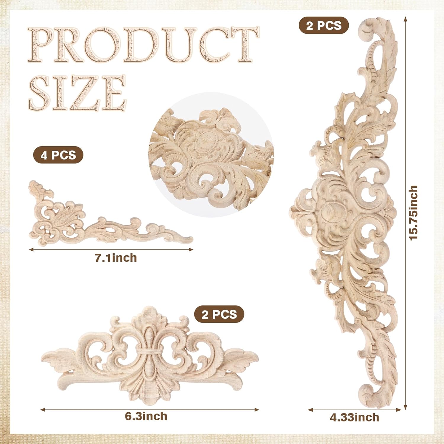 Wood Appliques and Onlays for Furniture Carved Onlays DIY / Delicate Style / Large Size / Set of 8