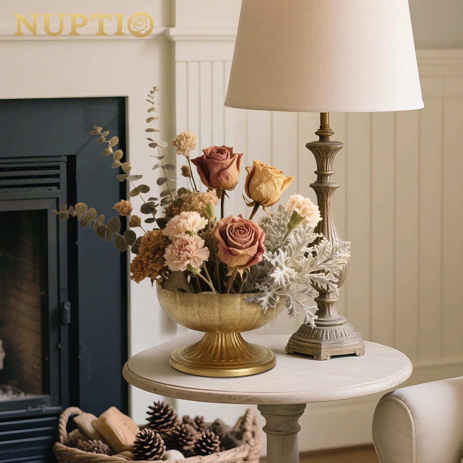 NUPTIO Gold Compote Vase for Centerpiece, 8.5" Wide Opening, 2 Pcs | Distressed Brass Urn, Short Pedestal Footed Bowl