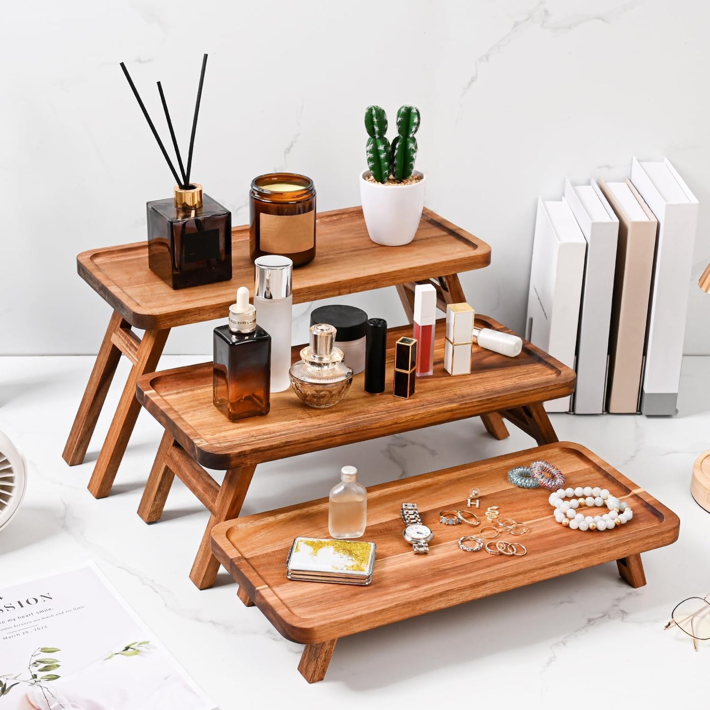 3 Tier Serving Tray Acacia Wooden Tiered Tray Stand Foldable Dessert Table Display / Acacia Brown