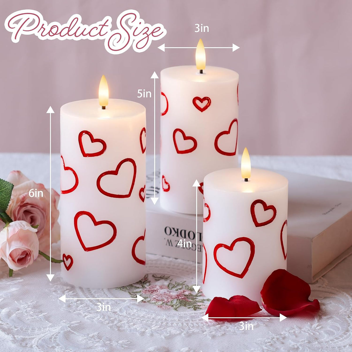 Valentines Day Heart Candles, Flameless Pillar Candles with Remote