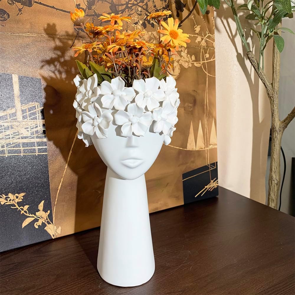 Ceramic Sculpture Female Head Face Flower Vase Decoration / White