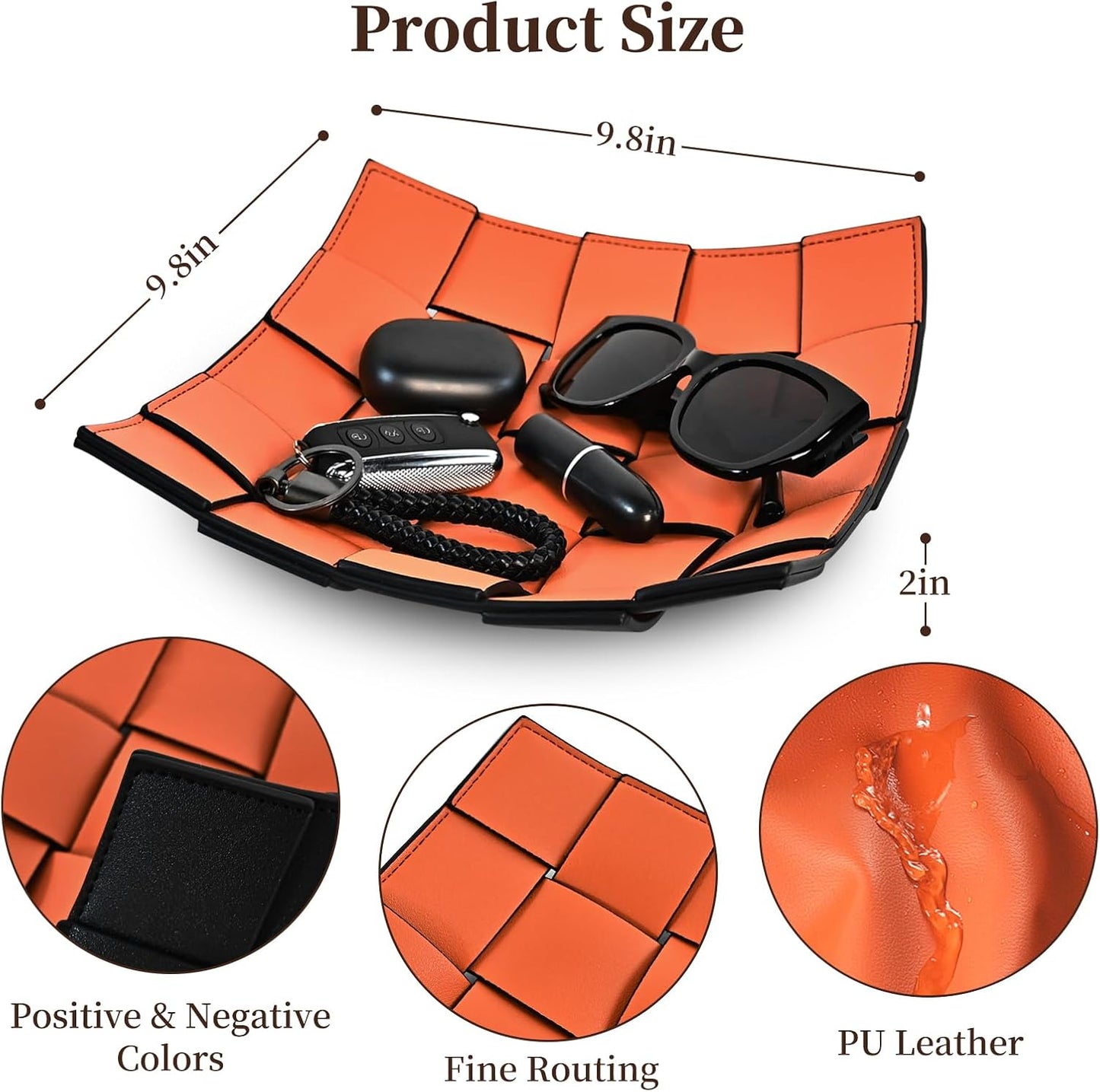 Valet Tray PU Leather Key Holder Bowl for Women and Men Entryway Table Nightstand / Orange + Black