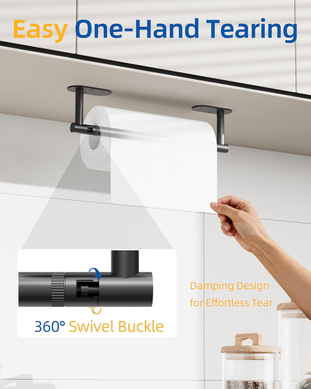 RUACQ Paper Towel Holder Under Cabinet, Stainless Steel, Matte Black | Drill Wall Mount or Adhesive, Round Base