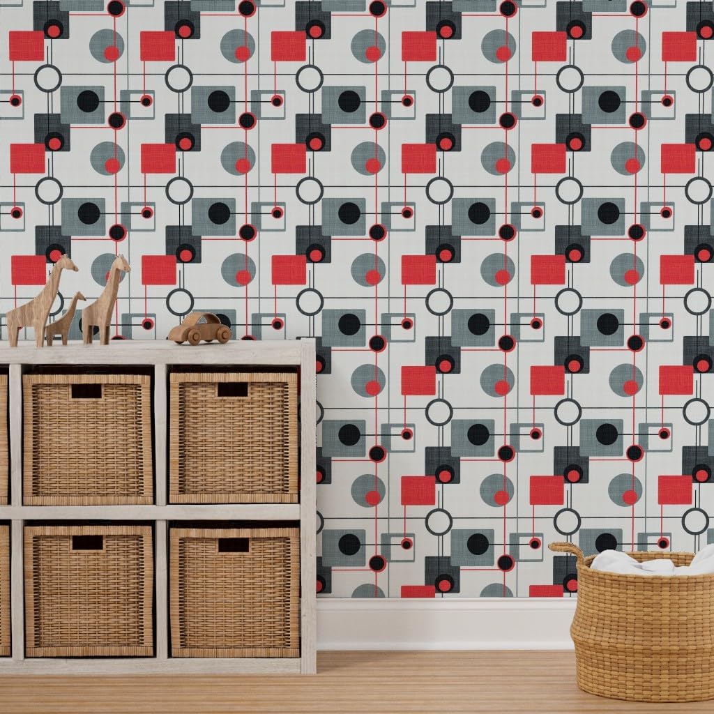 Orbs Squares Black White Vintage Retro Grey Modern Custom Removable Wallpaper / 24 x 72 / Roll / Red