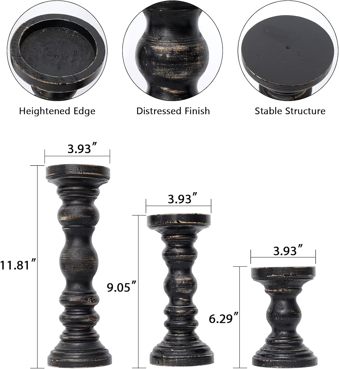 SWALLOWLIVING Rustic Farmhouse Wood Pillar Candle Holder Set of 3 for Candlestick, Black