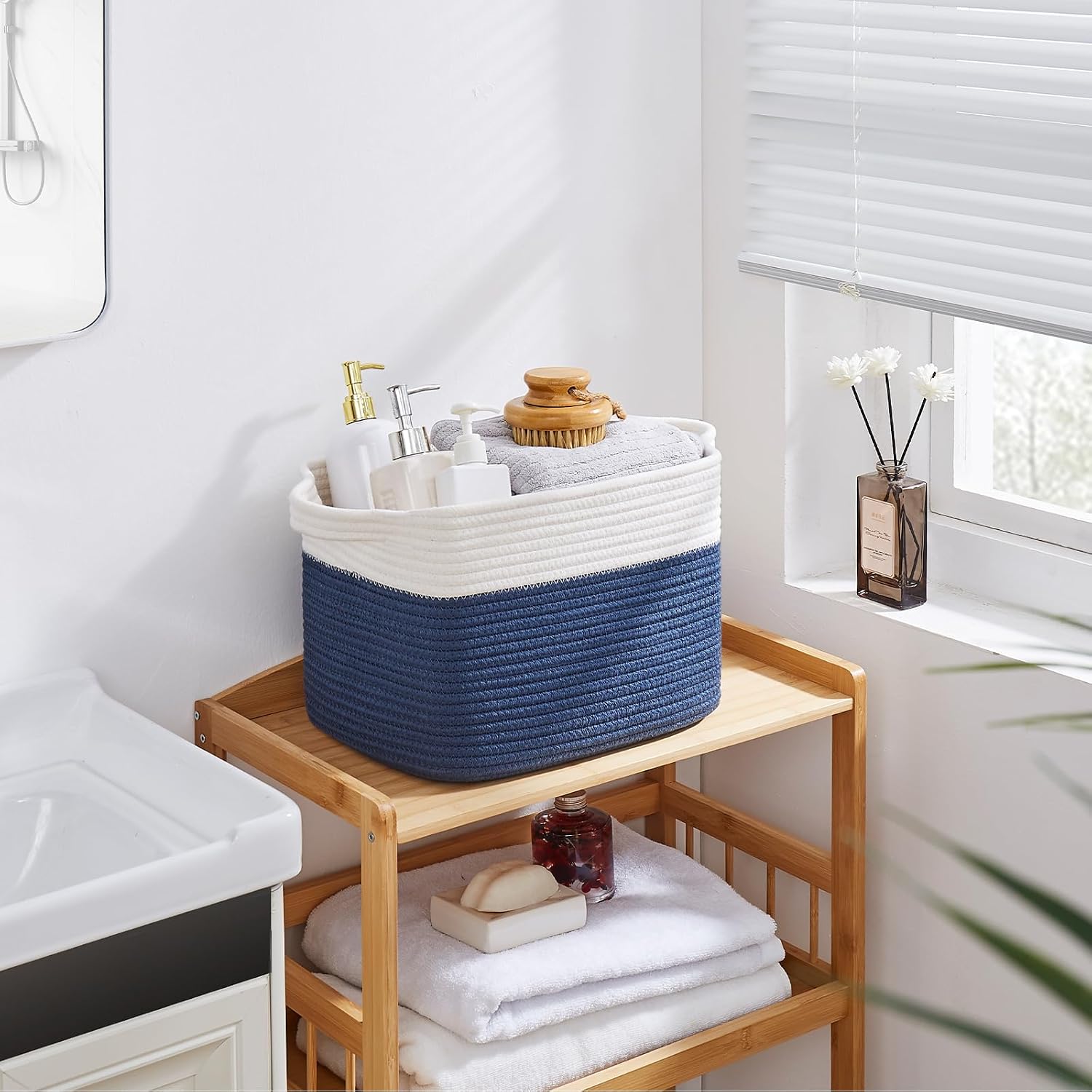 Woven Cotton Rope Baskets / Blue & White / 13 x 9.9 x 8.7 / Set of 3