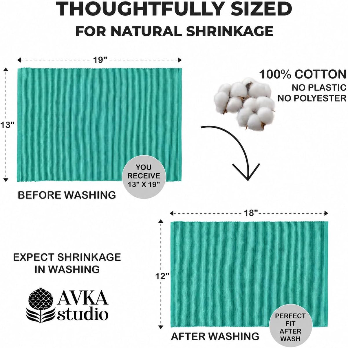 100% Cotton Ribbed Placemats - Set of 8-13 x 19 Inches - Turquoise Blue - Everyday Cloth Table Mats - Thick